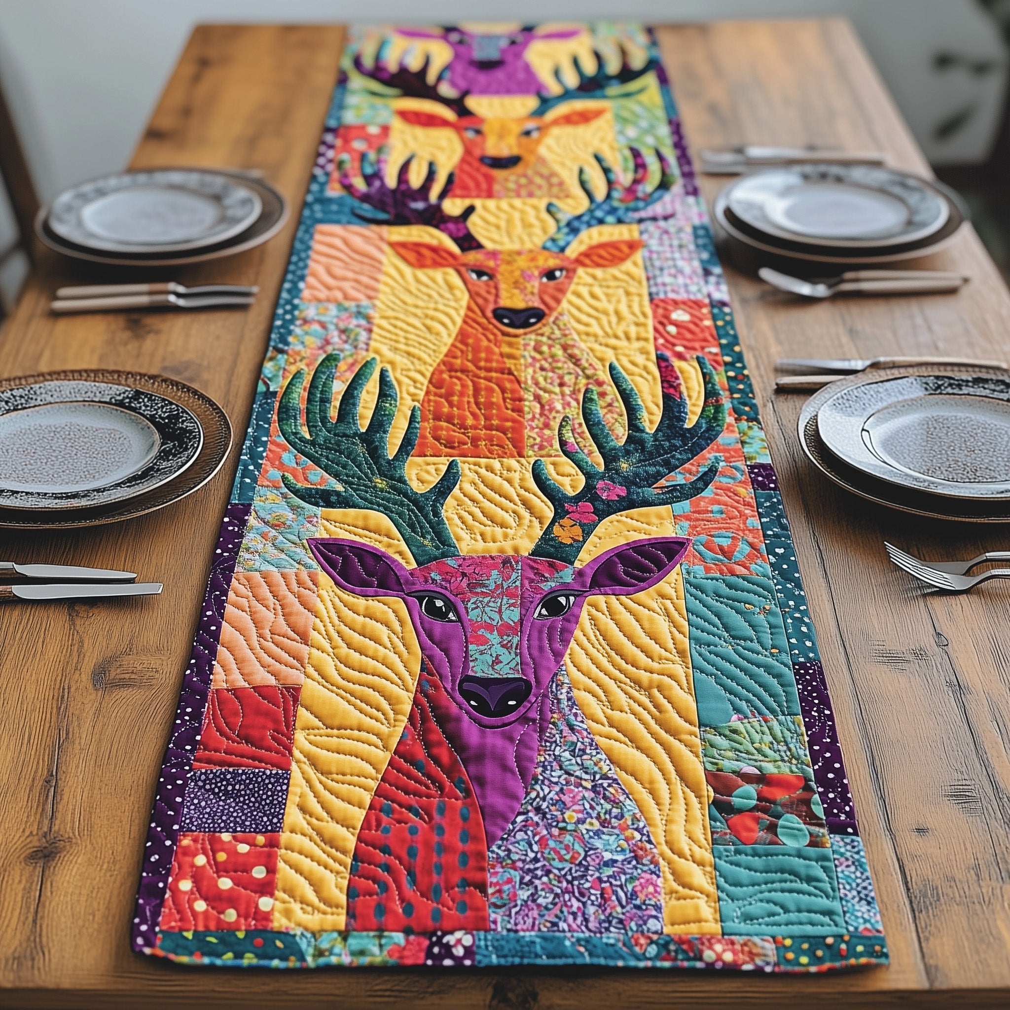 Vibrant Deer Patchwork Quilted Table Runner Festive Christmas Dining Room Table Runner