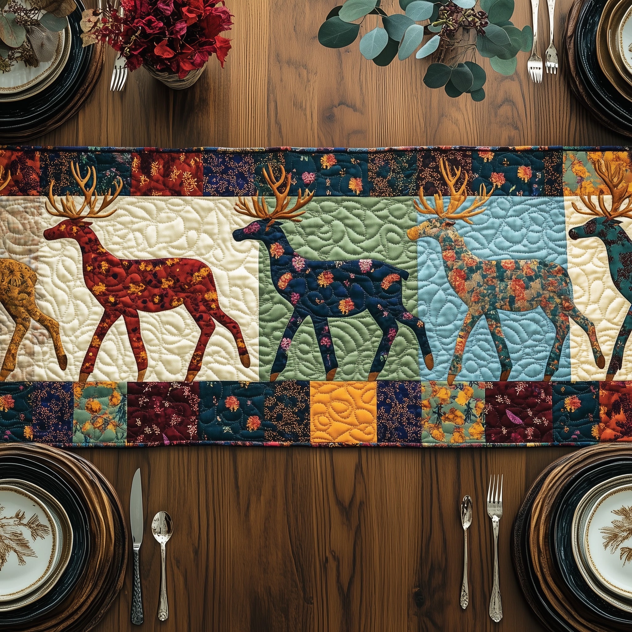 Vibrant Deer Patchwork Quilted Table Runner Holiday Banquet Table Runner