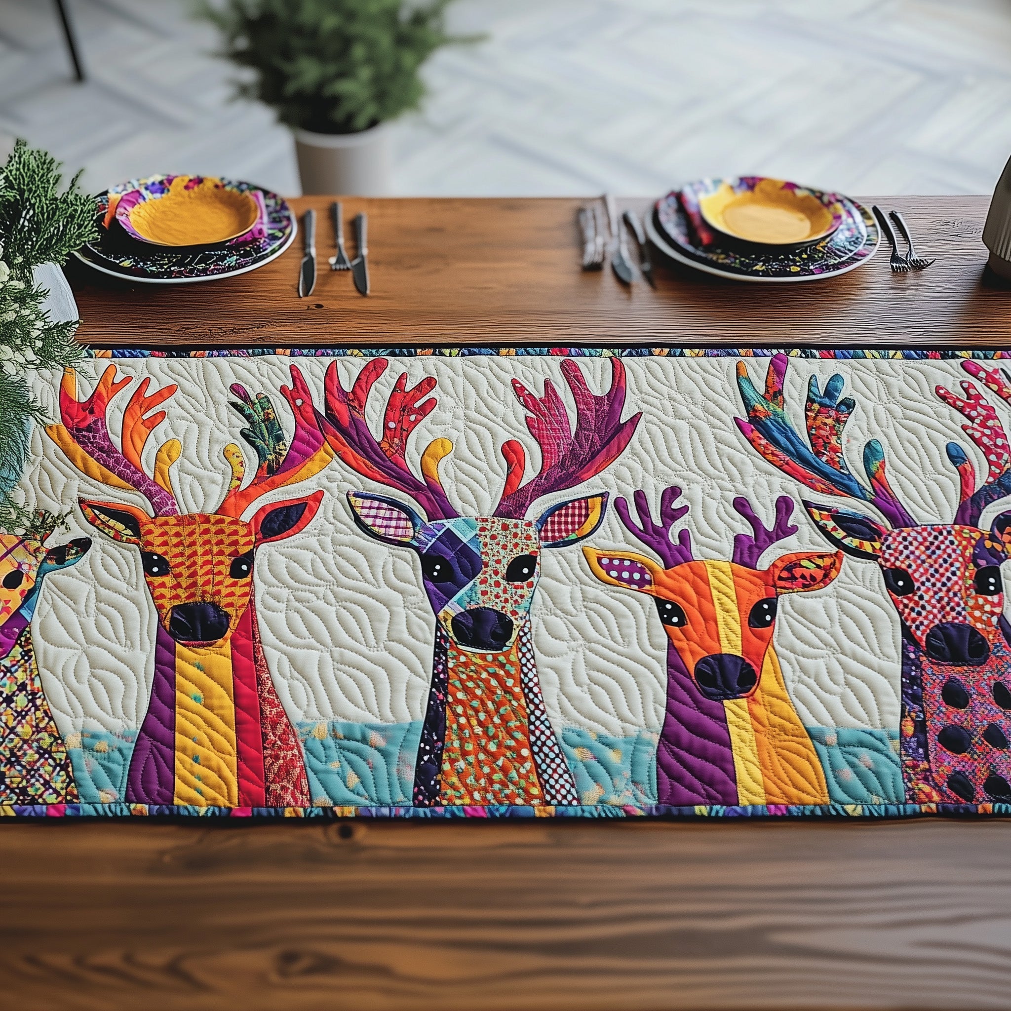 Vibrant Deer Patchwork Quilted Table Runner Holiday Party Table Runner