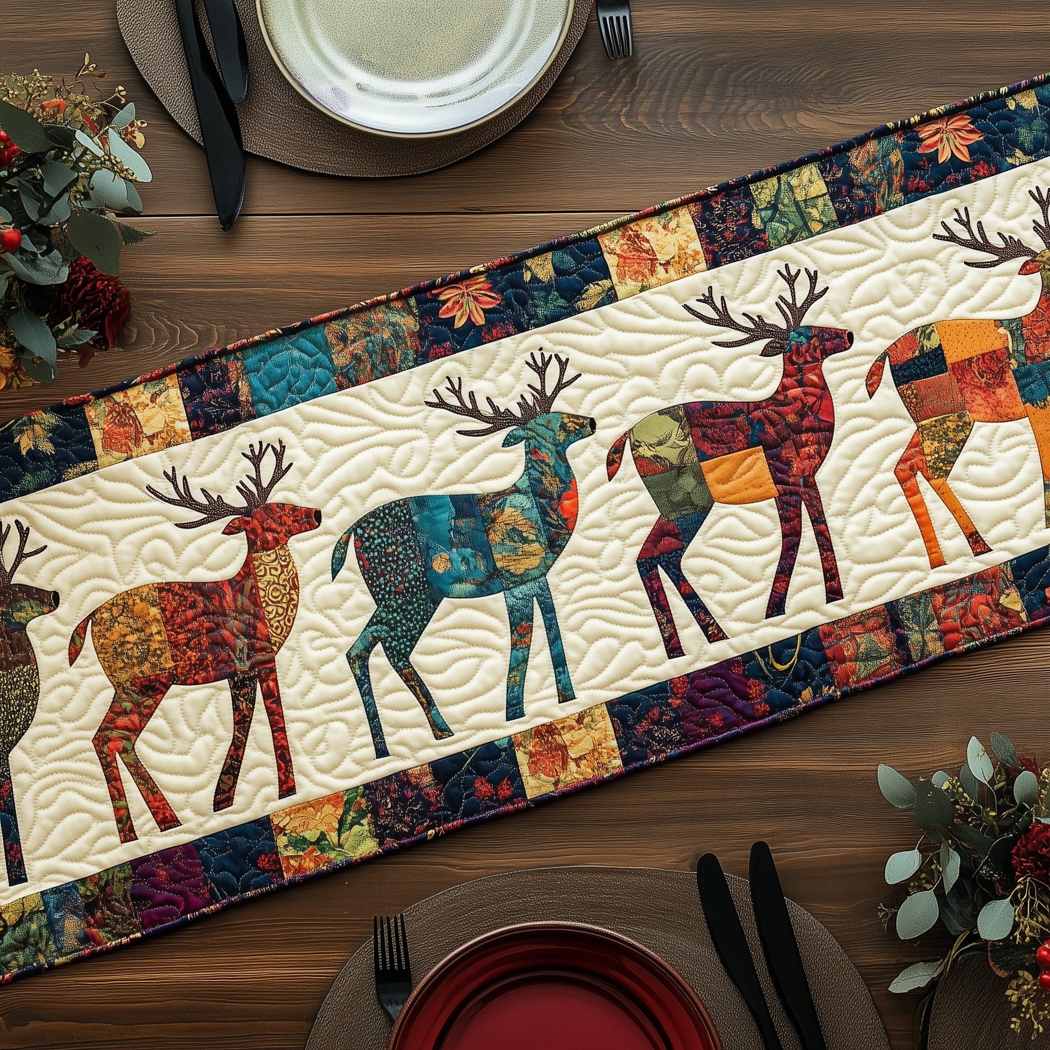 Vibrant Deer Patchwork Quilted Table Runner Holiday Table Runner for Kitchen Decor