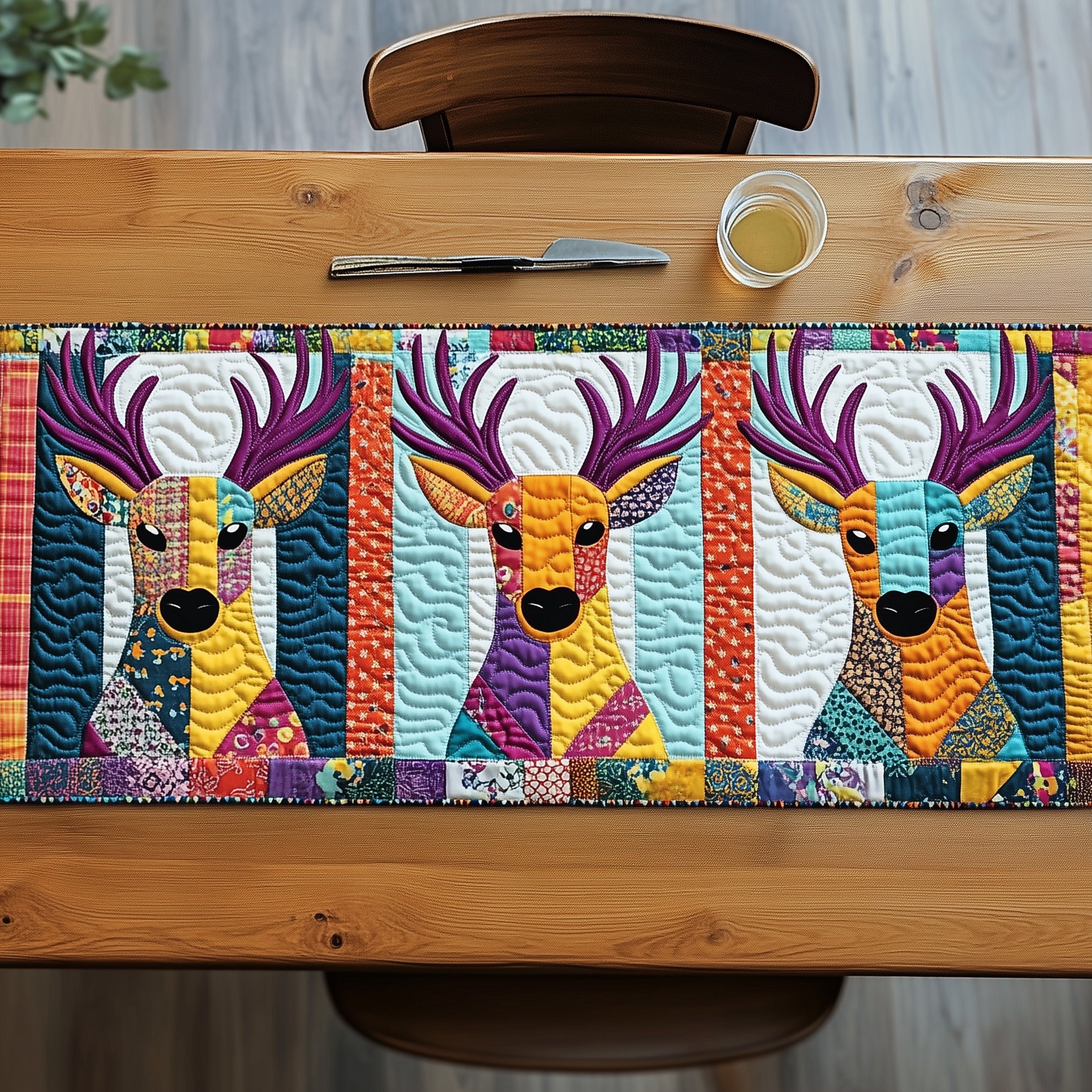 Vibrant Deer Patchwork Quilted Table Runner Seasonal Table Runner for Holidays