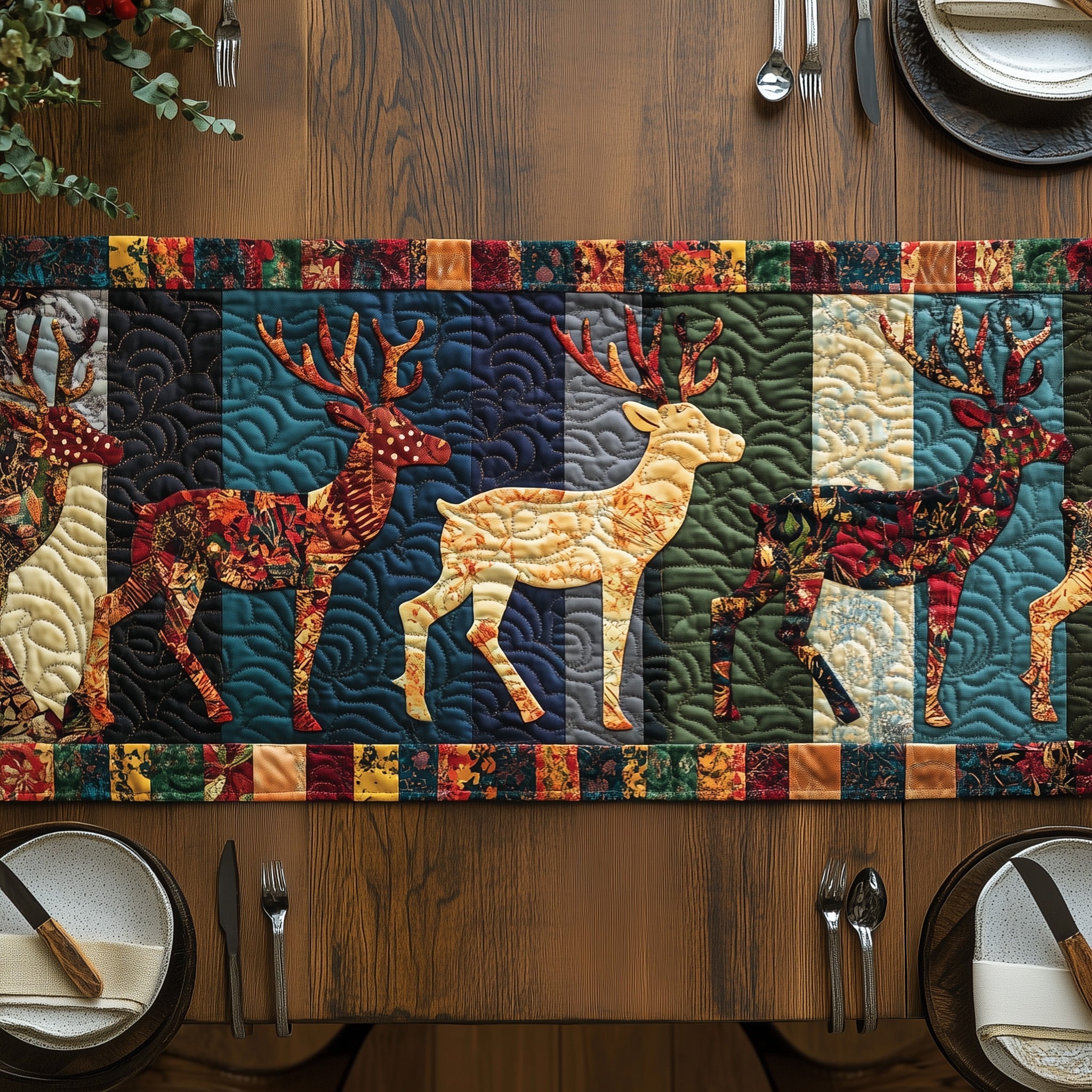 Vibrant Deer Patchwork Quilted Table Runner Special Occasion Table Runner Gift
