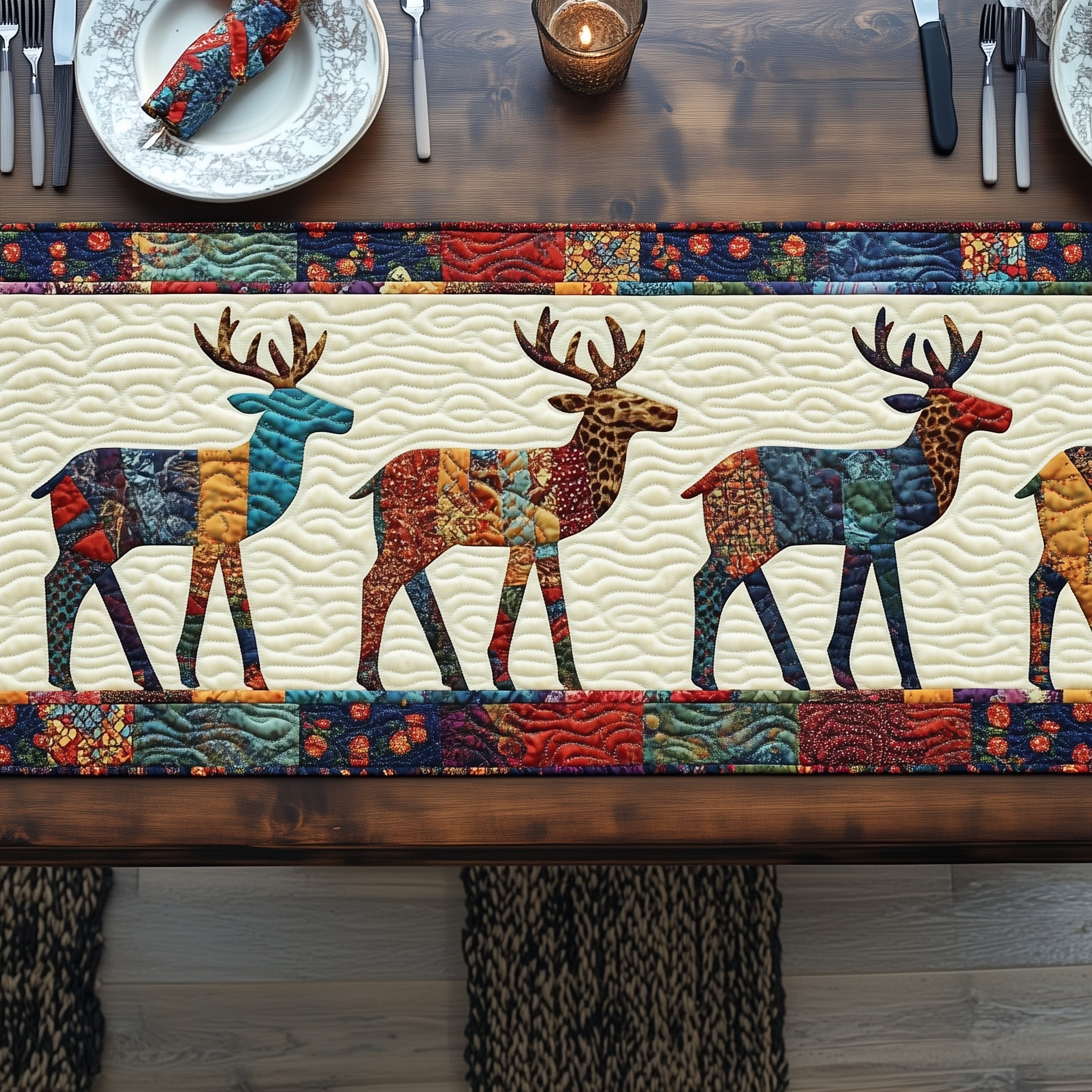 Vibrant Deer Patchwork Quilted Table Runner Table Runner for Holiday Gatherings