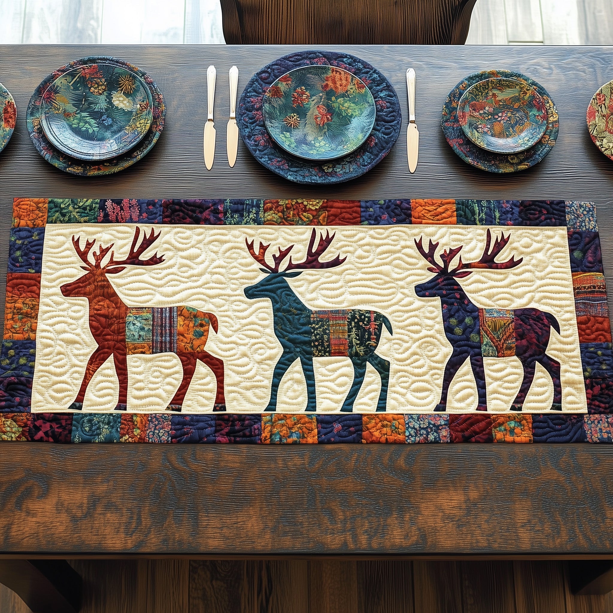 Vibrant Deer Patchwork Quilted Table Runner Table Runner Gift for Holiday Season