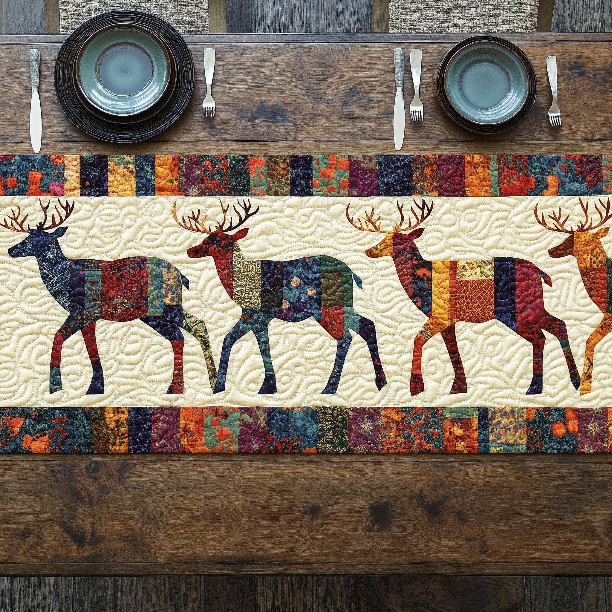 Vibrant Deer Patchwork Quilted Table Runner Winter Holiday Table Runner Decor