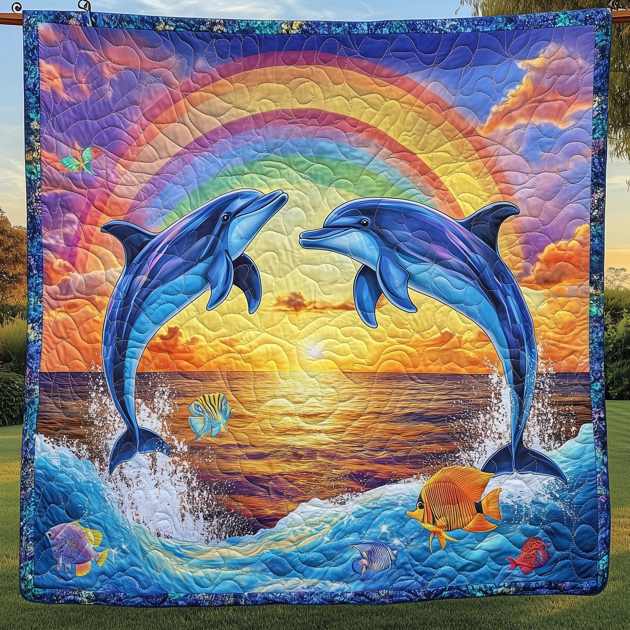 Vibrant Dolphin Joy Quilted Blanket Christmas Throw Blanket Best Christmas Gifts For Animal Lovers