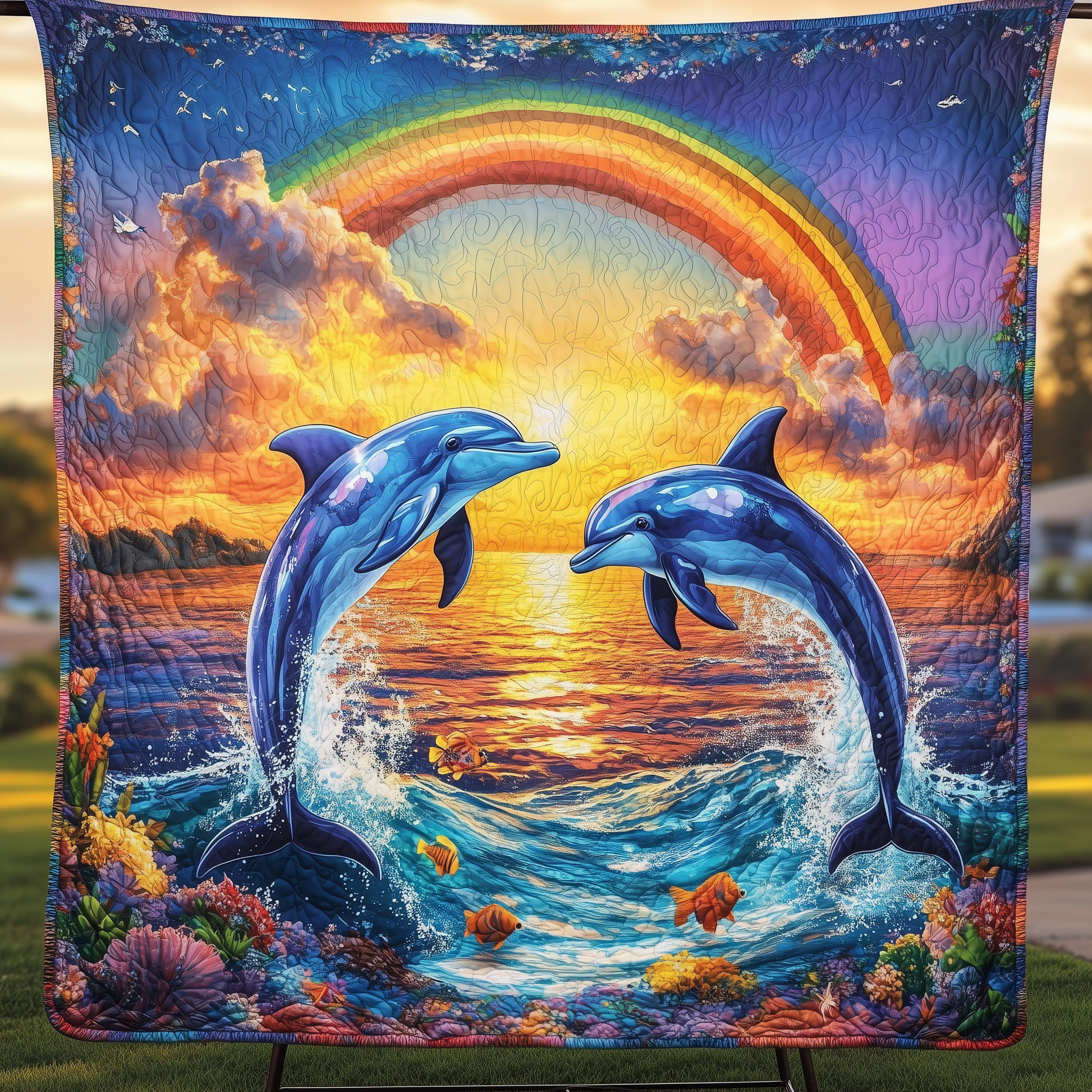 Vibrant Dolphin Joy Quilted Blanket Christmas Throw Blanket Best Christmas Gifts For Women