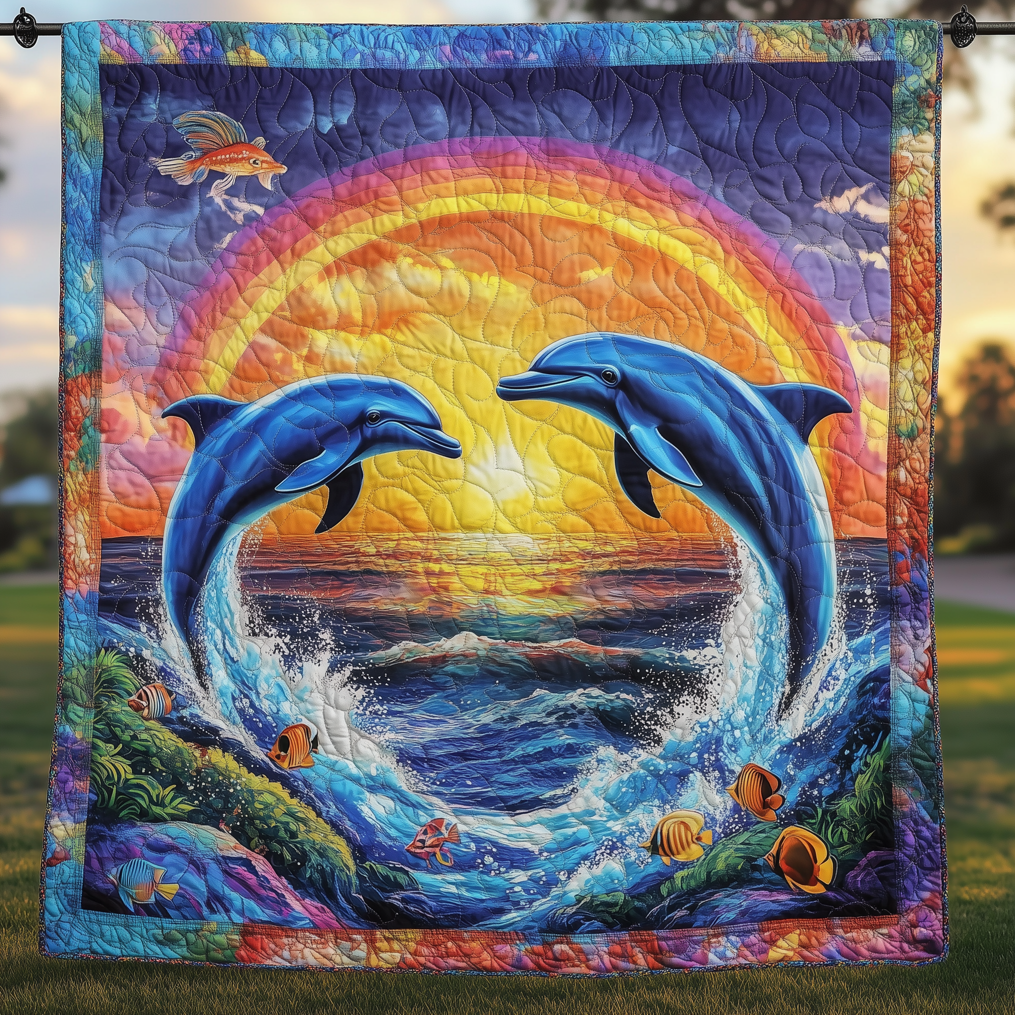 Vibrant Dolphin Joy Quilted Blanket Christmas Throw Blanket Best Gifts For Teens