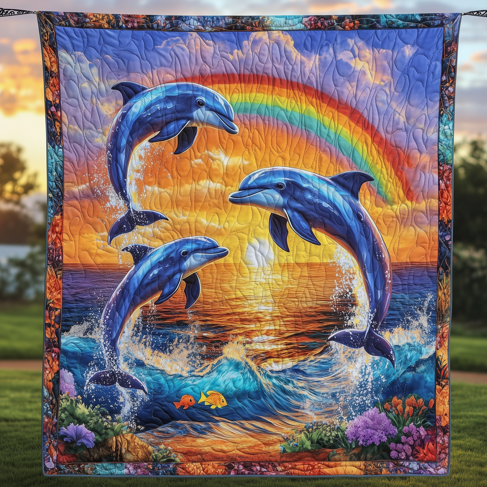 Vibrant Dolphin Joy Quilted Blanket Christmas Throw Blanket Christmas Presents For Dolphin Lovers