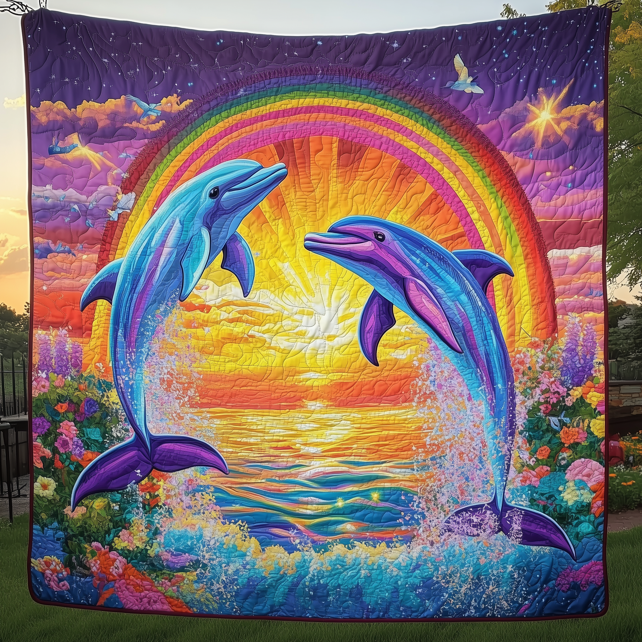 Vibrant Dolphin Joy Quilted Blanket Christmas Throw Blanket Christmas Presents For Him