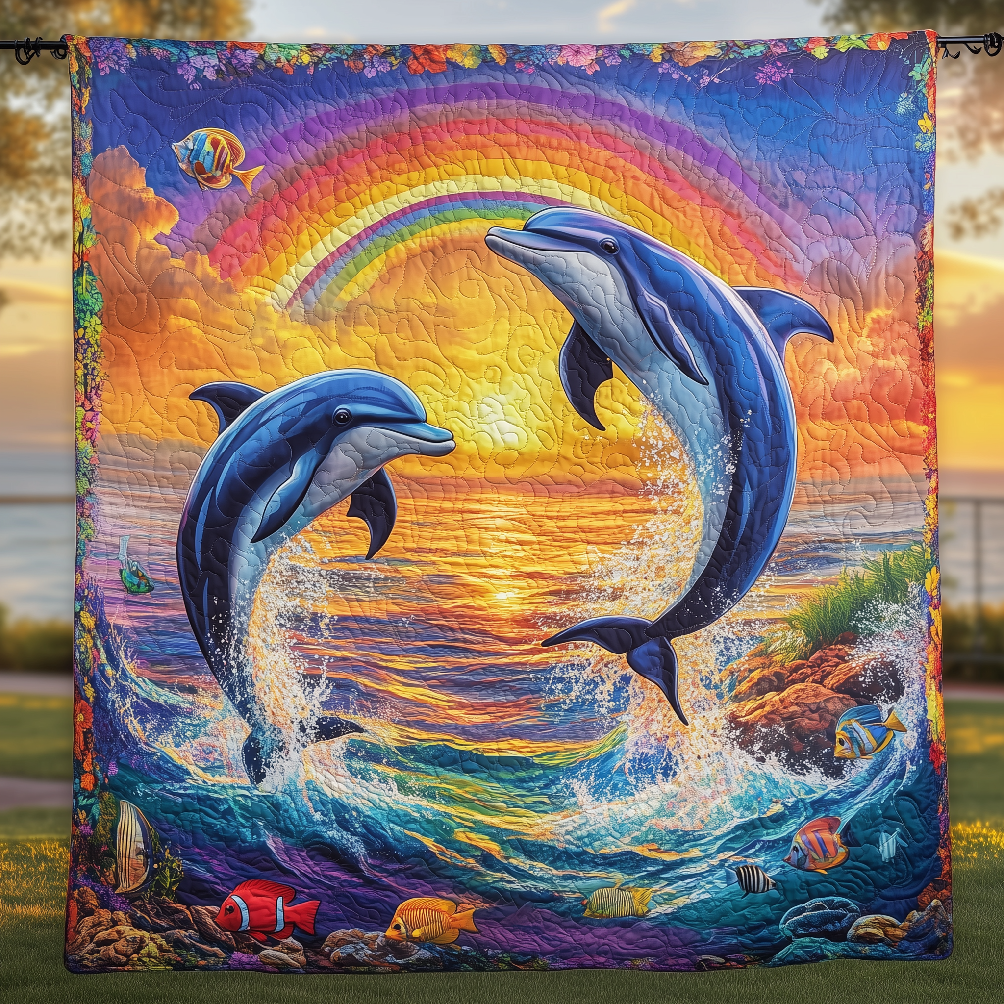 Vibrant Dolphin Joy Quilted Blanket Christmas Throw Blanket Dolphin Lover Gift