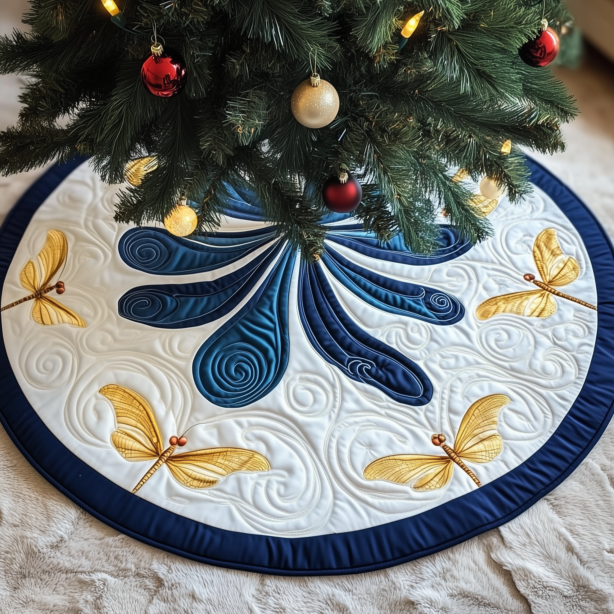 Vibrant Dragonfly Christmas Tree Skirt Quilted Handmade Holiday Gift for Nature Lovers