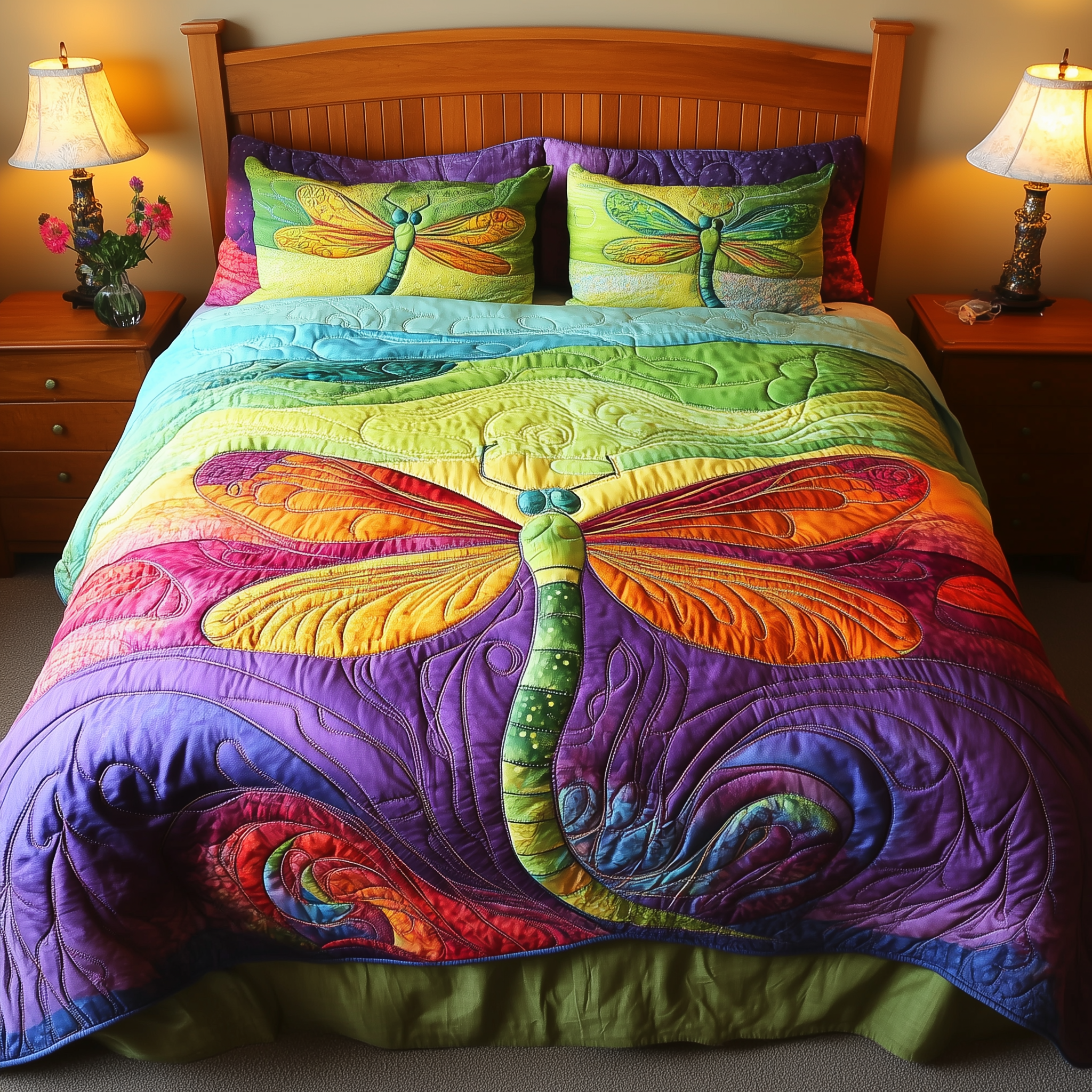 Vibrant Dragonfly Quilted Bedding Set Christmas Bedding Set Cute Christmas Gifts For Couples