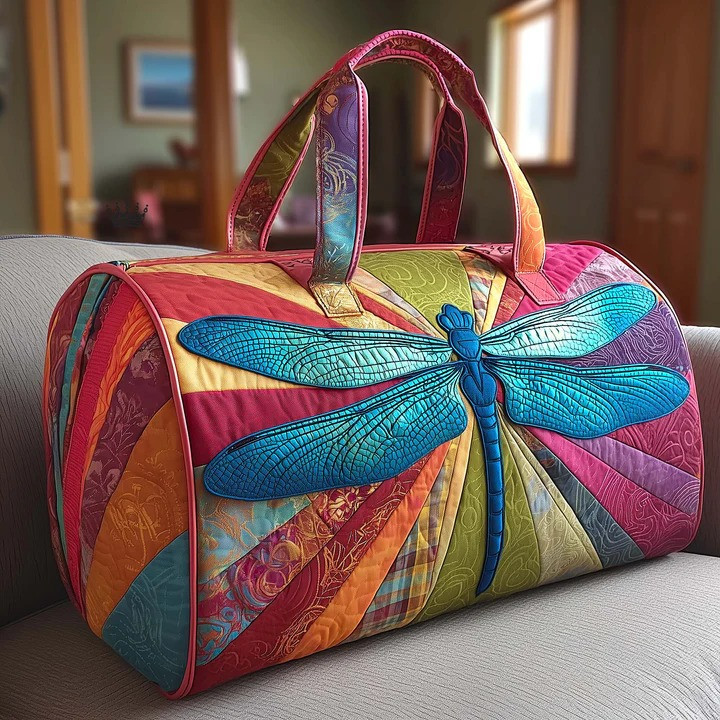 Vibrant Dragonfly Striped Quilted Duffle Bag Boho Travel Bag Best Gift For Dragonfly Lovers