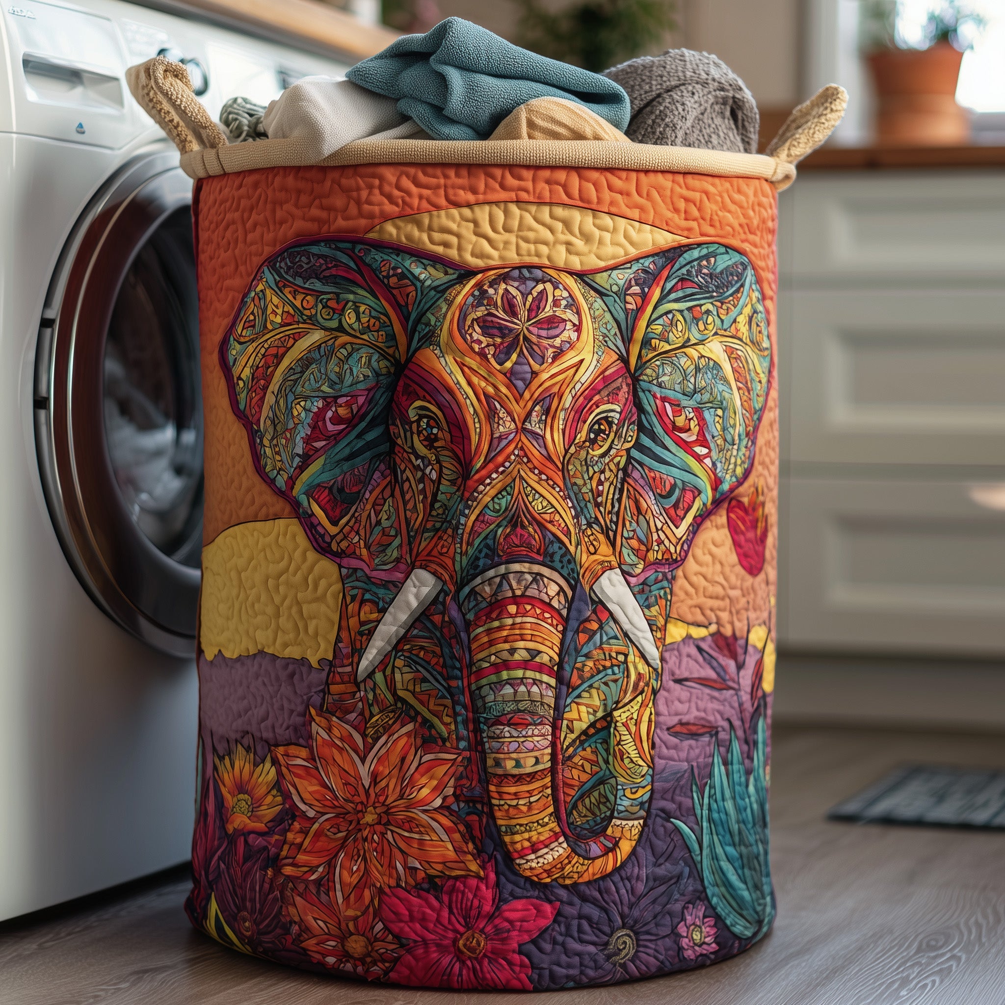 Vibrant Elephant Quilted Laundry Basket Cool Gifts For Elephant Enthusisast