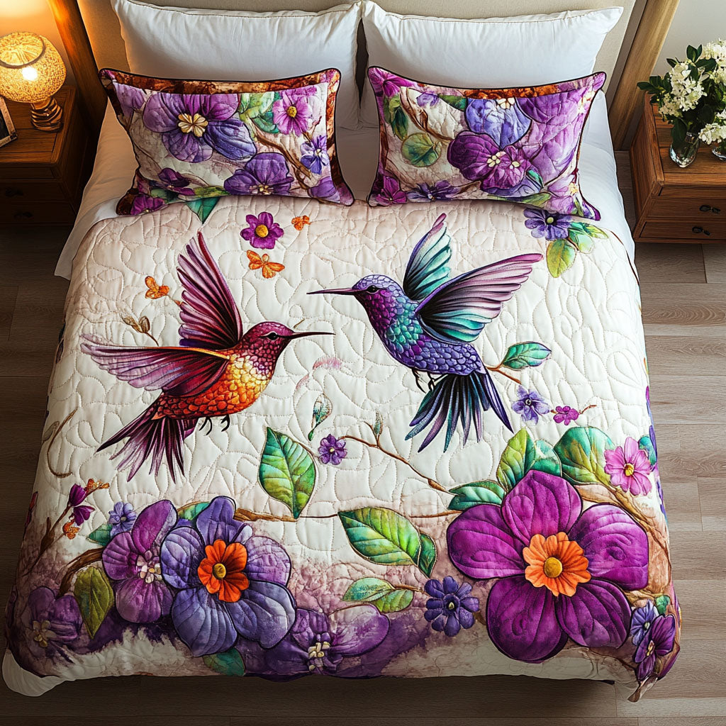 Vibrant Encounter Quilted Bedding Set Unique Bed Sheet Set Great Hummingbird Lover Gifts
