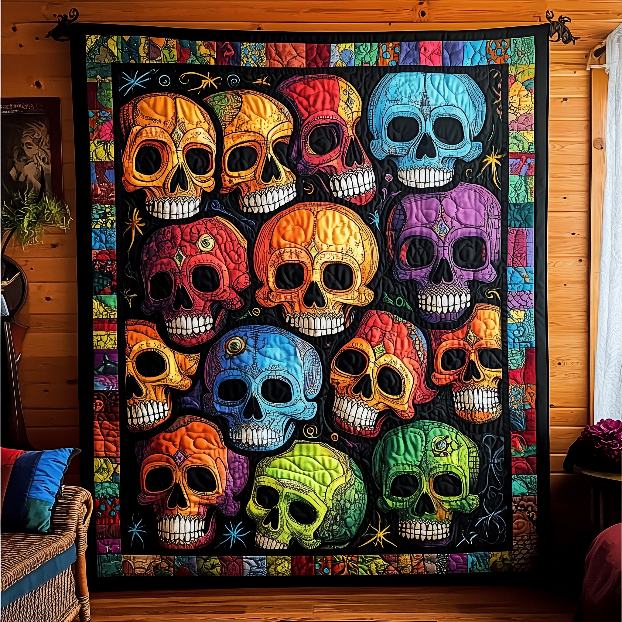 Vibrant Festive Skull Quilted Blanket Christmas Throw Blanket Grandparent Christmas Gifts