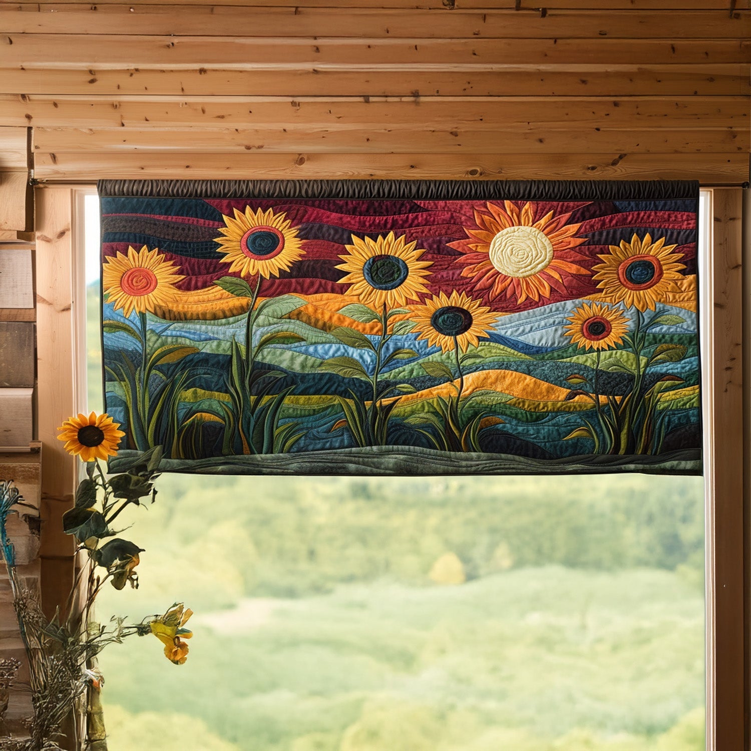 Vibrant Fields Quilted Valance Dining Room Table Decorated For Christmas Sunflower Gift Items