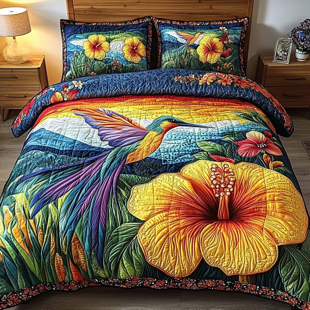 Vibrant Flight Quilted Bedding Set Cozy Bedroom Decor Hummingbird Gifts For Sisters