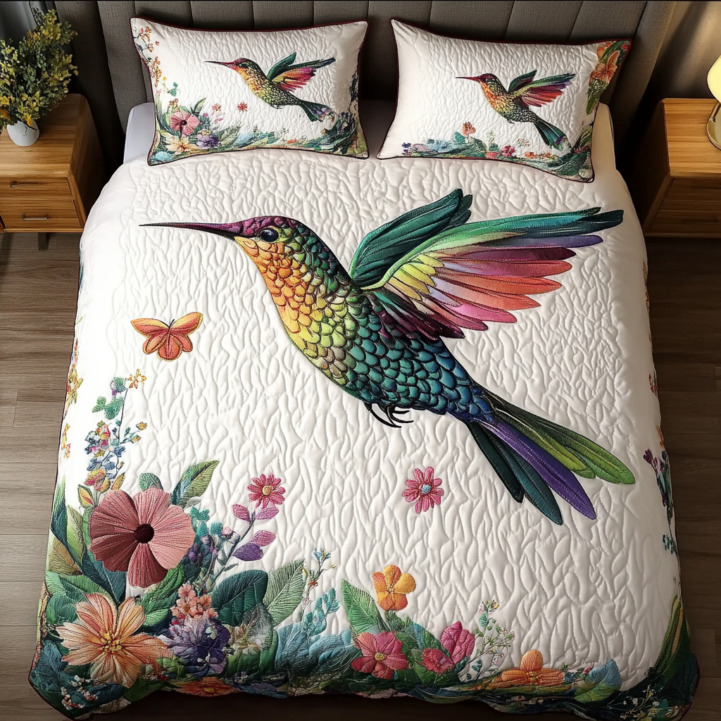 Vibrant Flight Quilted Bedding Set Unique Bed Sheet Set Hummingbird Gifts For Mom Grandma