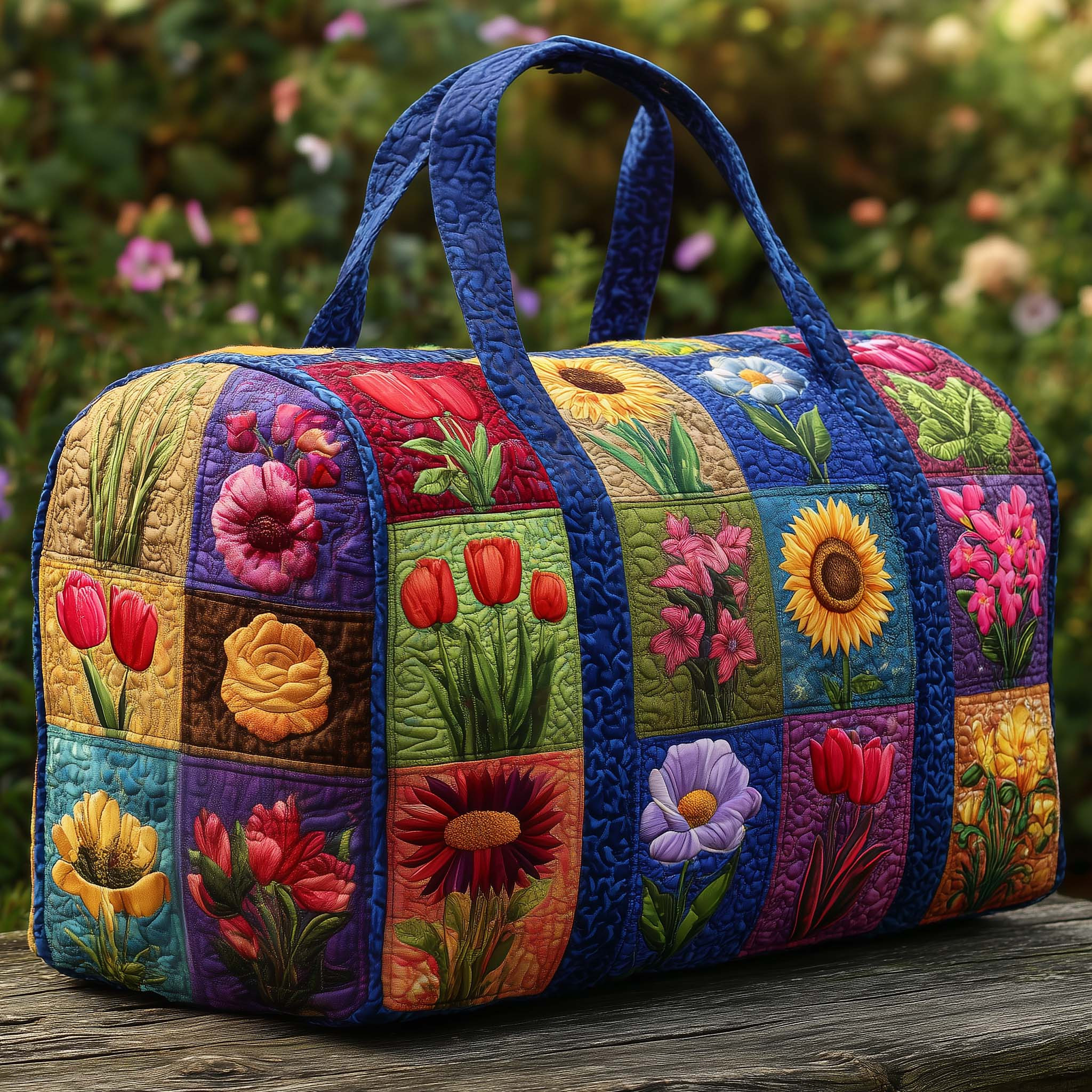 Vibrant Floral Patchwork Quilted Duffle Bag Bold Garden Flowers Travel Bag Gift Ideas
