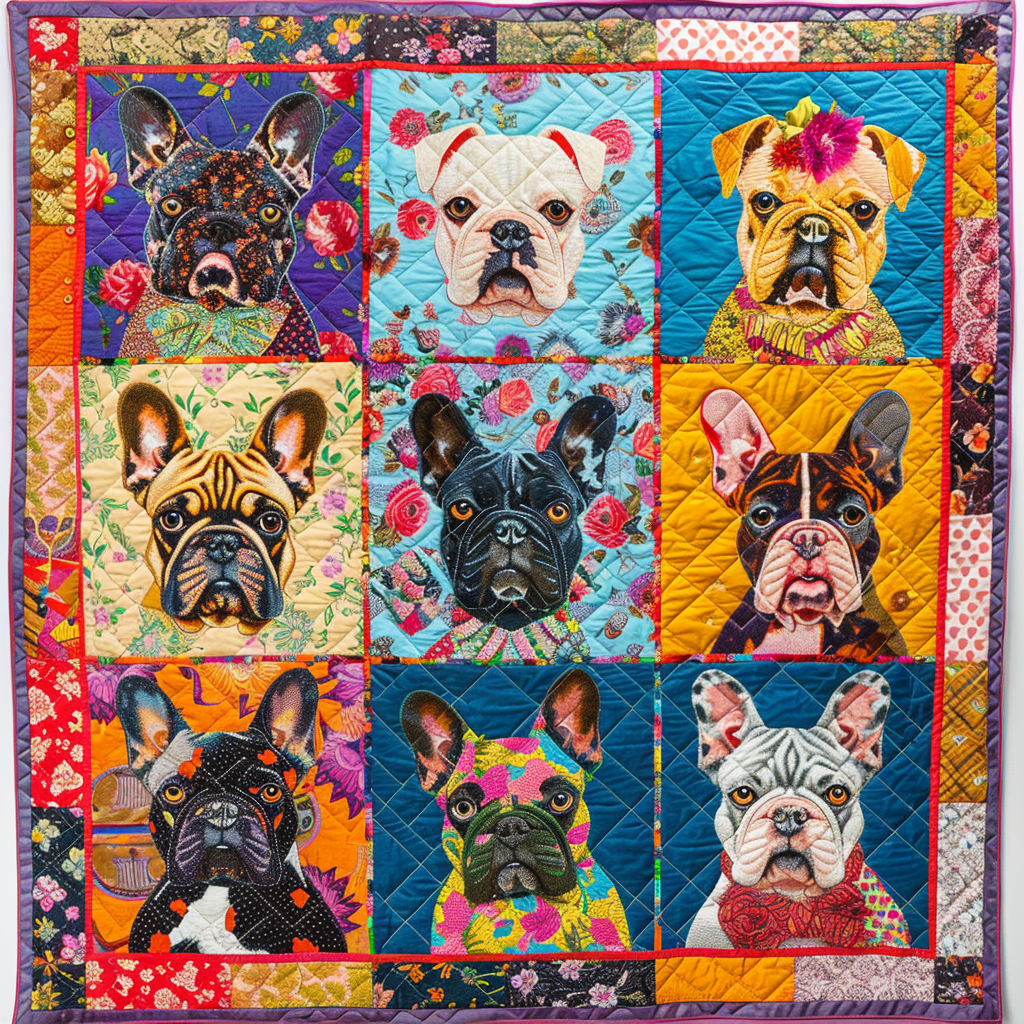 Vibrant Frenchie Faces Quilted Blanket Frenchie Lovers Gifts