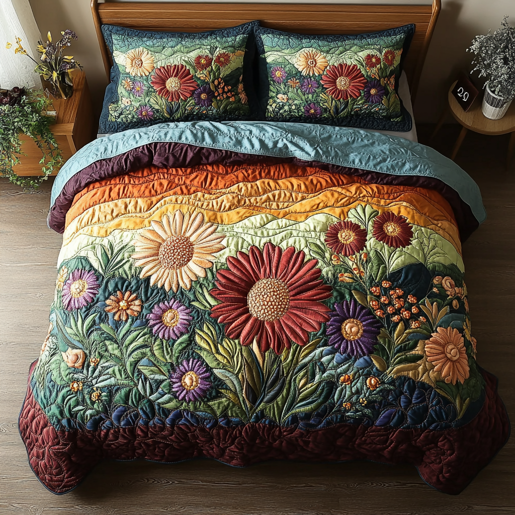 Vibrant Garden Quilted Bedding Set Cute Bedroom Decor Flower Daisy Blossom Gifts