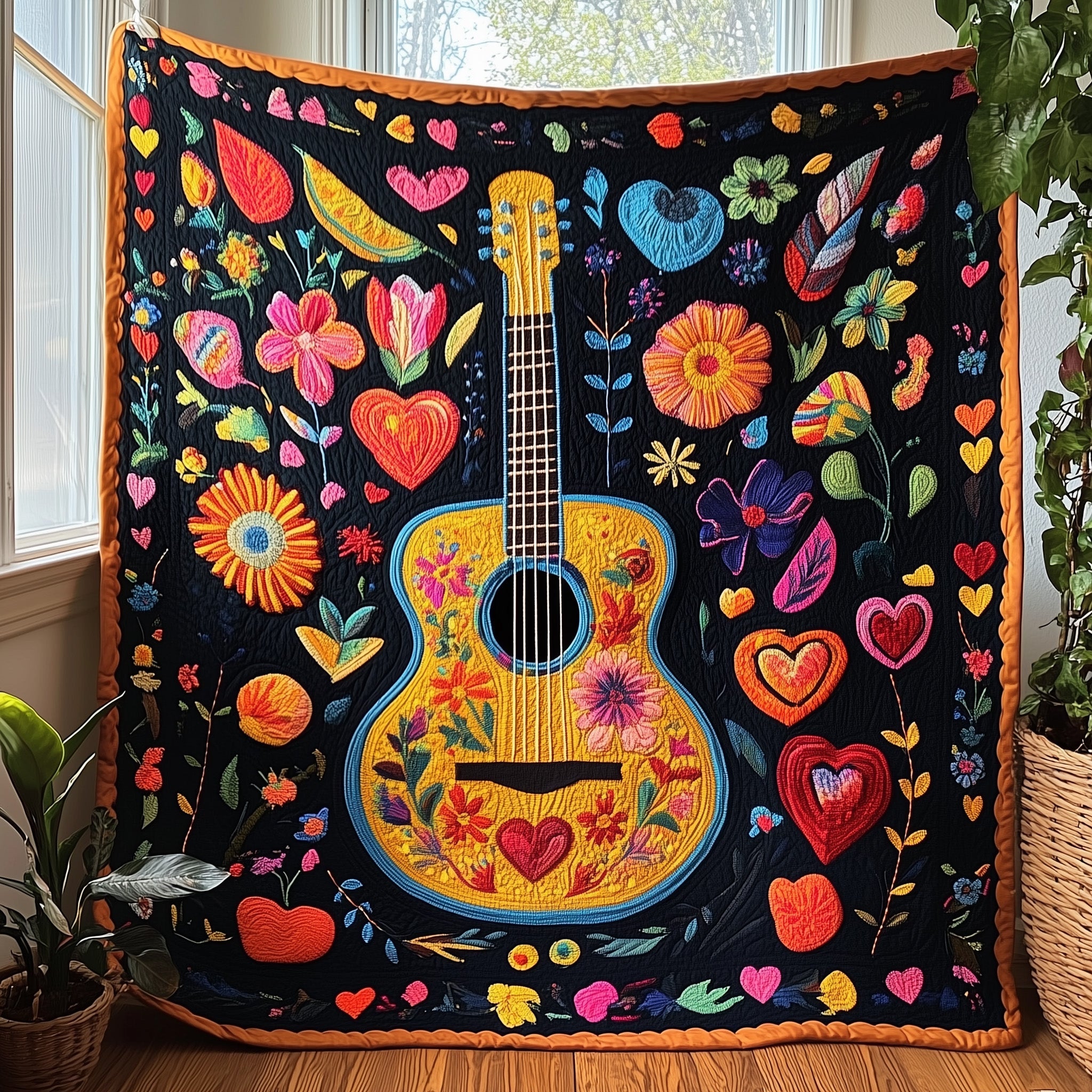 Vibrant Guitar Quilted Blanket Cute Soft BlanketMexican Themed Gifts