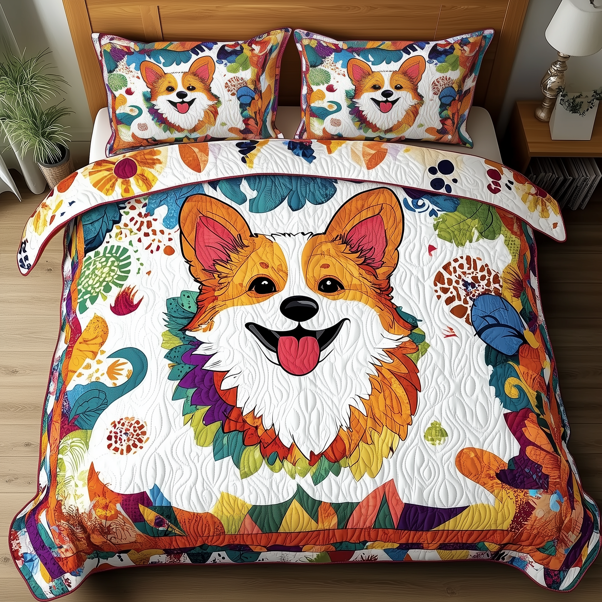 Vibrant Happy Corgi Quilted Bedding Set Christmas Bedding Set Gift For Dog Lovers