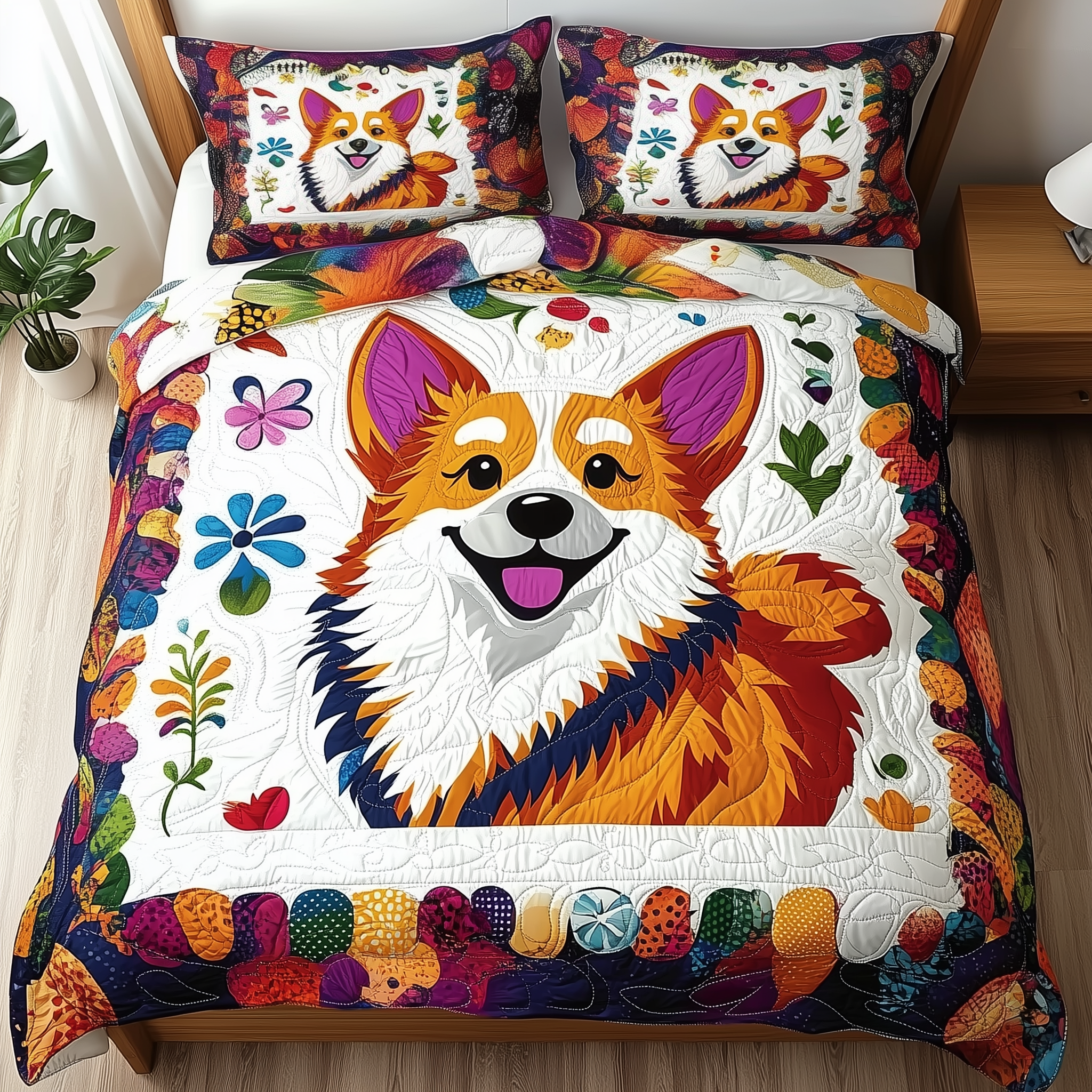 Vibrant Happy Corgi Quilted Bedding Set Christmas Bedding Set Unique Christmas Gifts For Parents