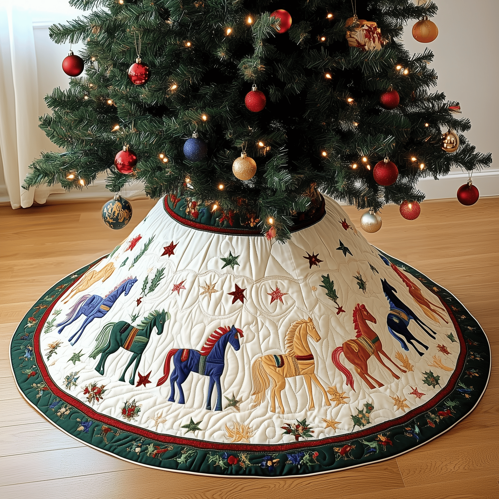 Vibrant Horses Quilted Tree Skirt Xmas Tree Surround Decorations Christmas Gifts For Horse Owners