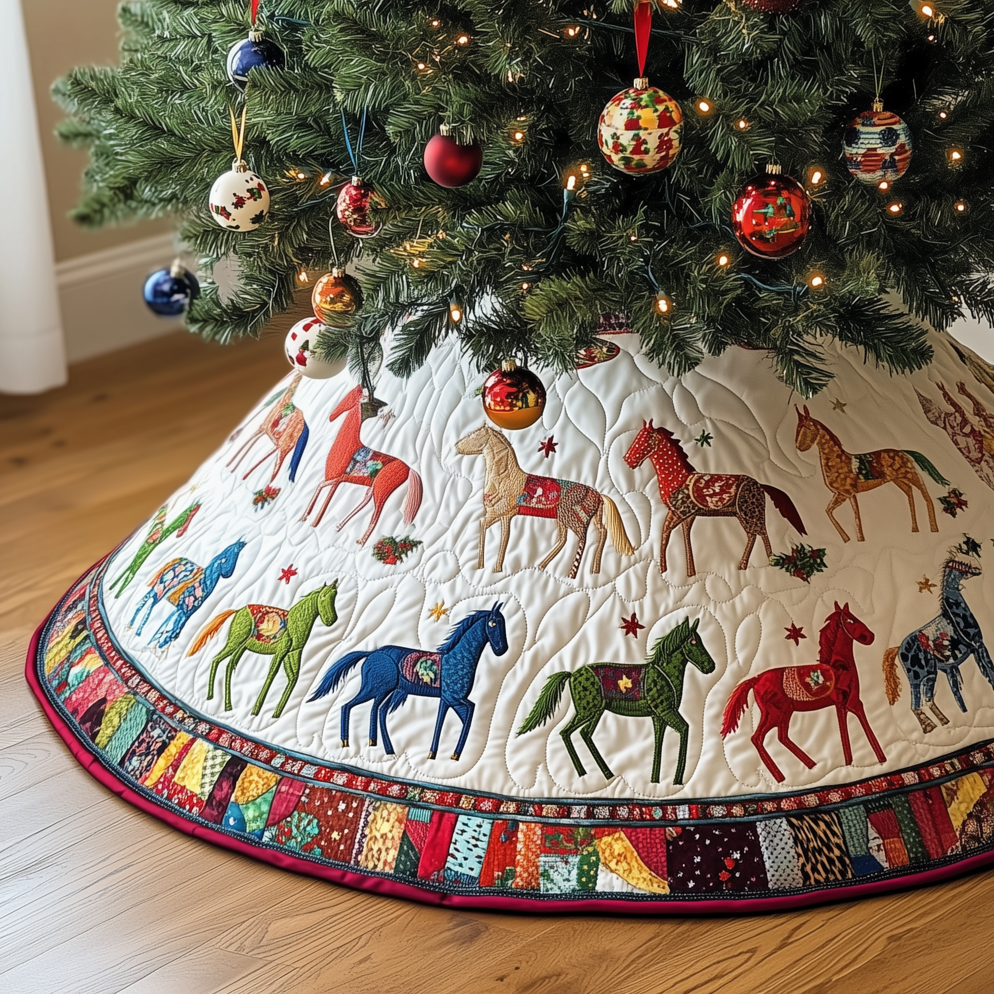 Vibrant Horses Quilted Tree Skirt Xmas Tree Surround Decorations Christmas Gifts For Horse Owners
