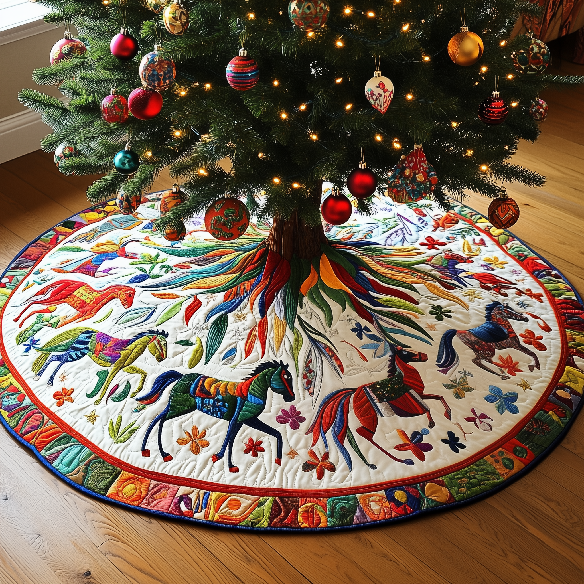 Vibrant Horses Quilted Tree SkirtHoliday Xmas Tree Surround Decorations Horse Christmas Presents
