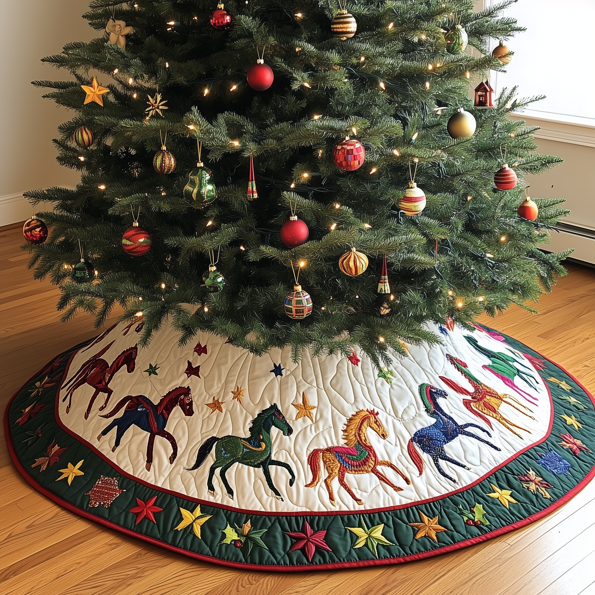Vibrant Horses Quilted Tree SkirtHoliday Xmas Tree Surround Decorations Horse Christmas Presents