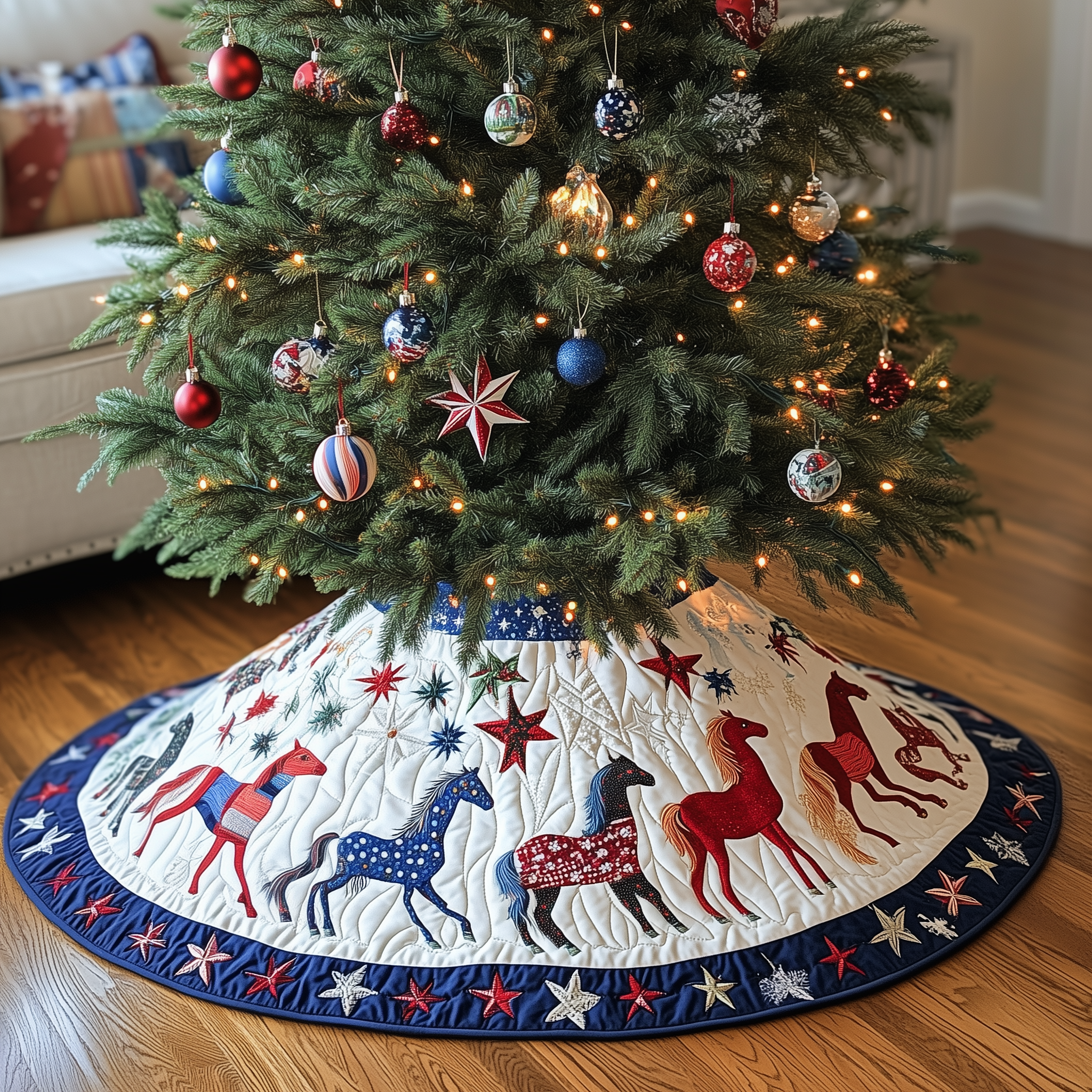 Vibrant Horses Quilted Tree SkirtHoliday Xmas Tree Surround Decorations Horse Christmas Presents