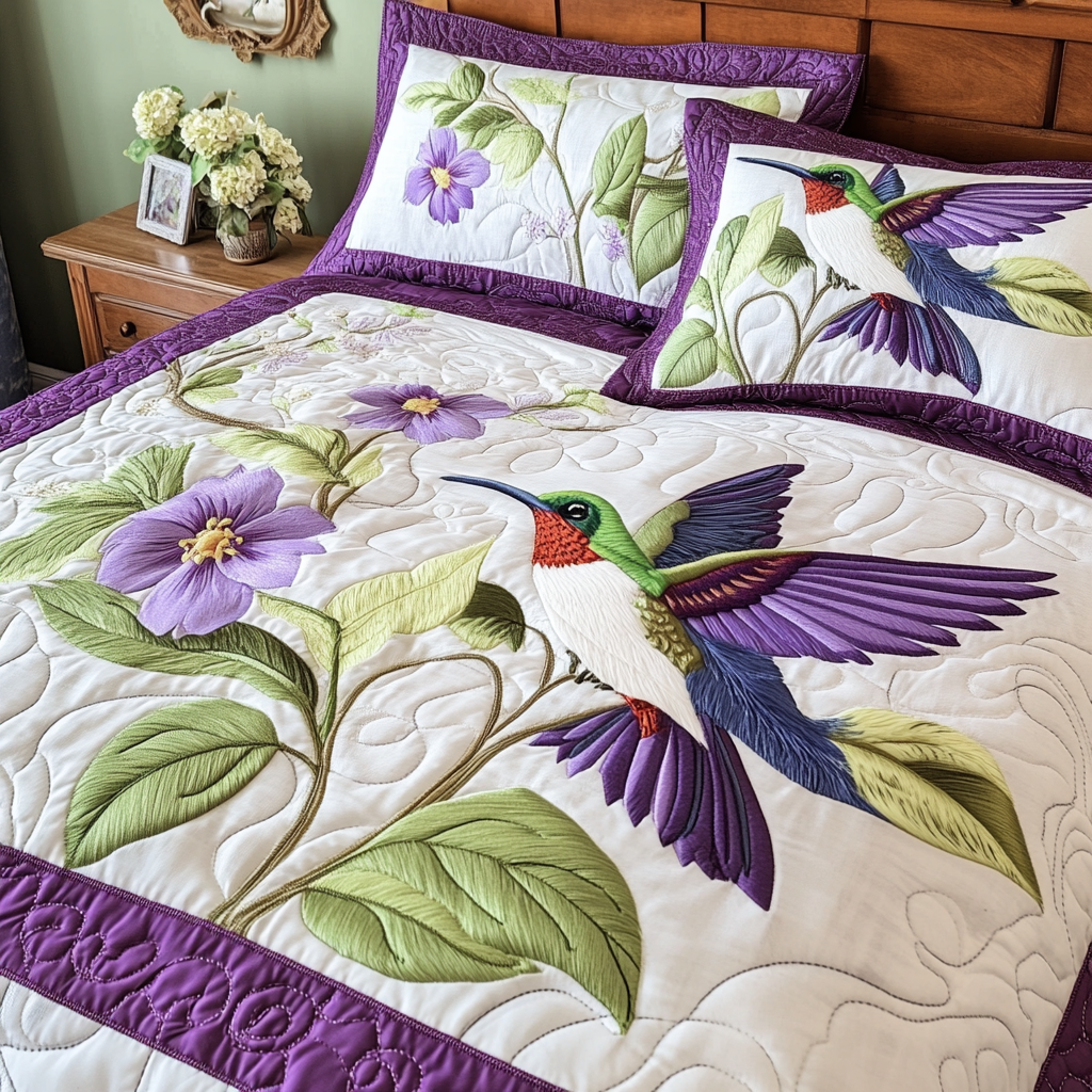Vibrant Hummingbird Quilted Bedding Set Cozy Bedroom Decor Cool Gifts For Hummingbird Lovers