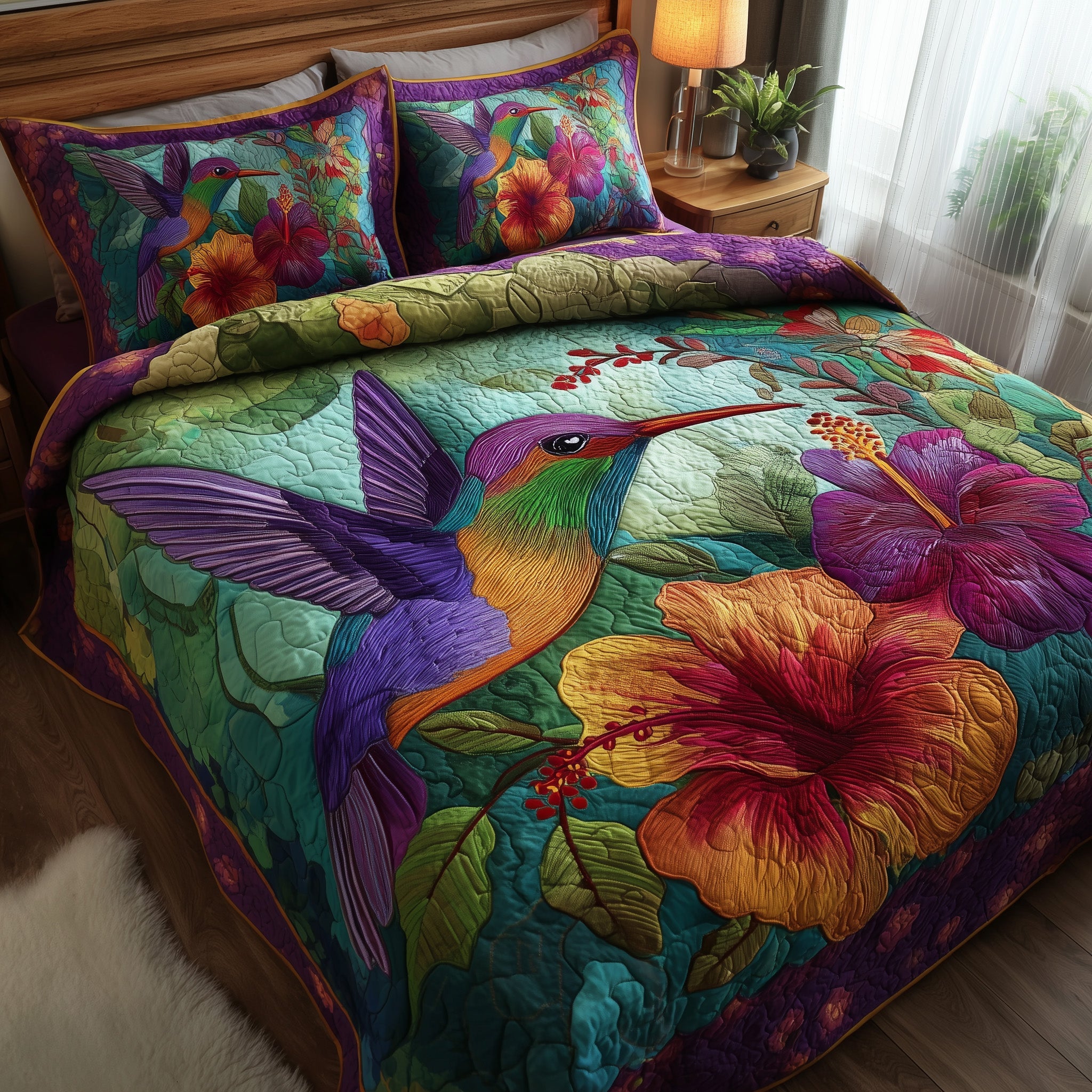 Vibrant Hummingbird Quilted Bedding Set Durable & Long-lasting