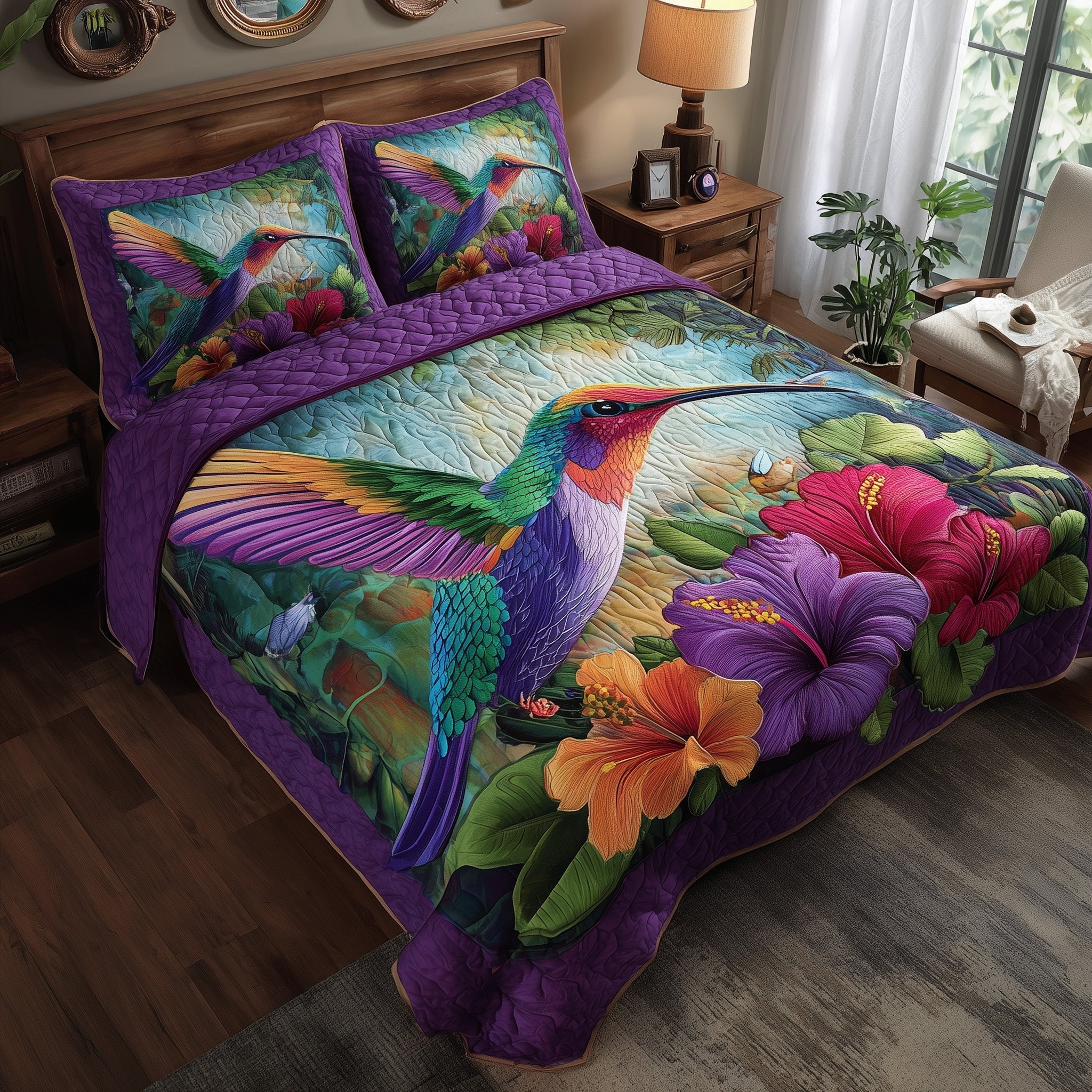 Vibrant Hummingbird Quilted Bedding Set Soft & Smooth
