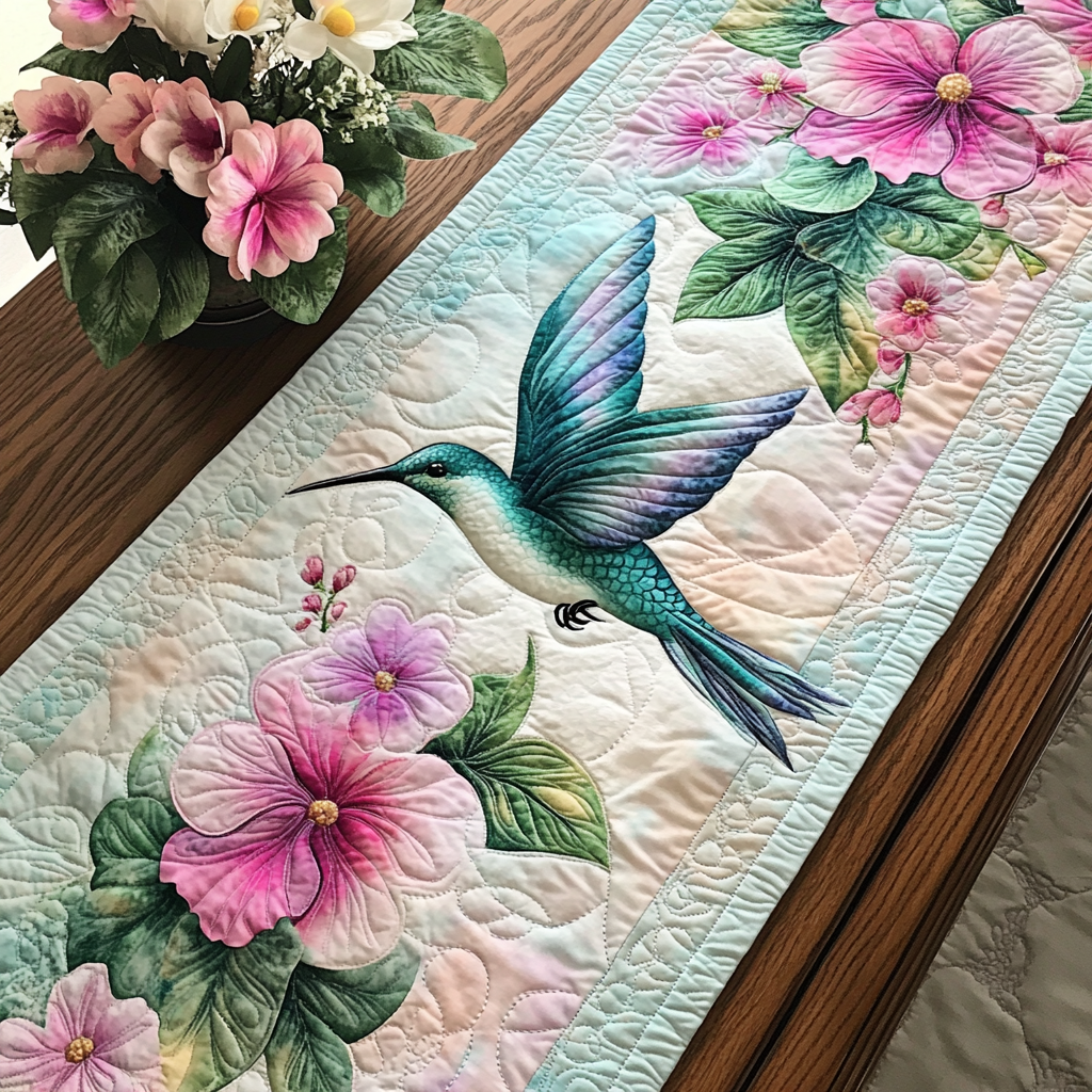 Vibrant Hummingbird Quilted Table Runner Dining Table Decor Hummingbird Themed Gift Items