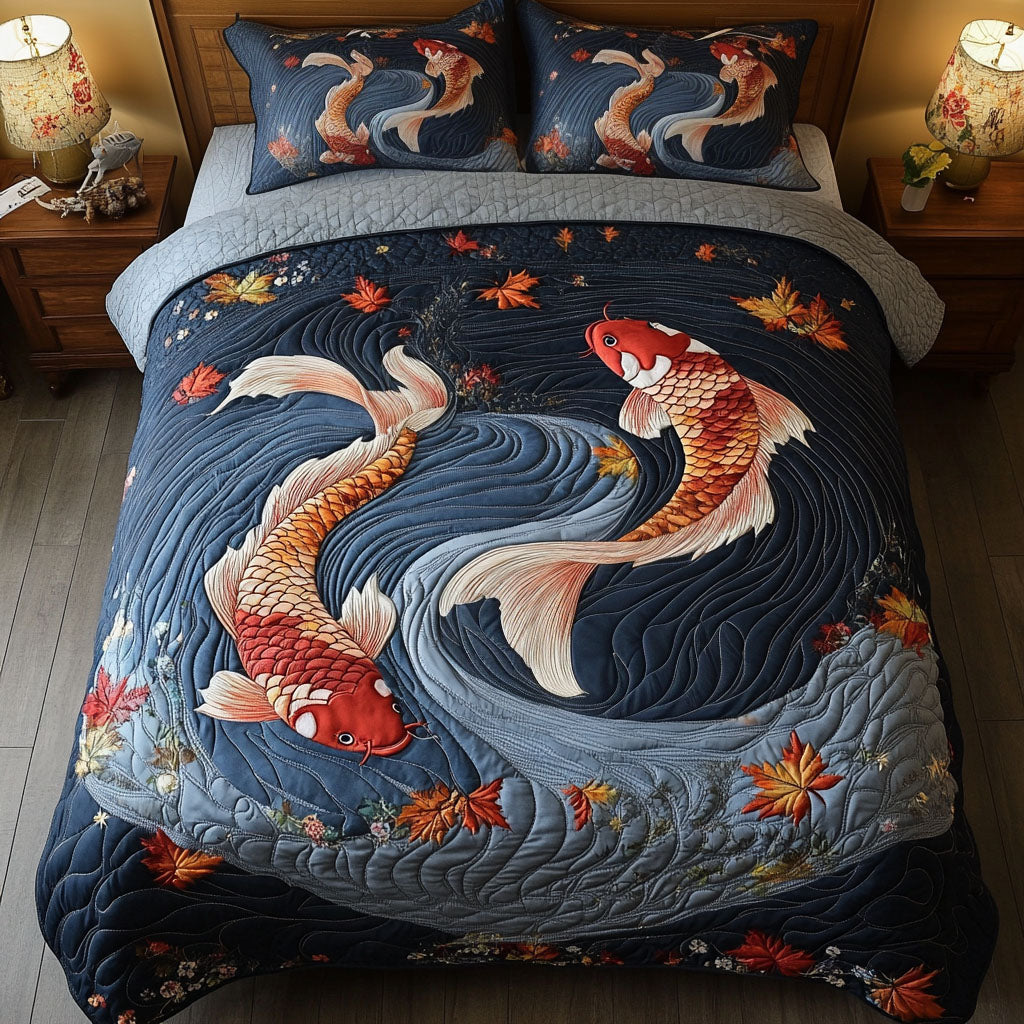 Vibrant Koi Quilted Bedding Set Cute Room Decor Koi Fish Presents