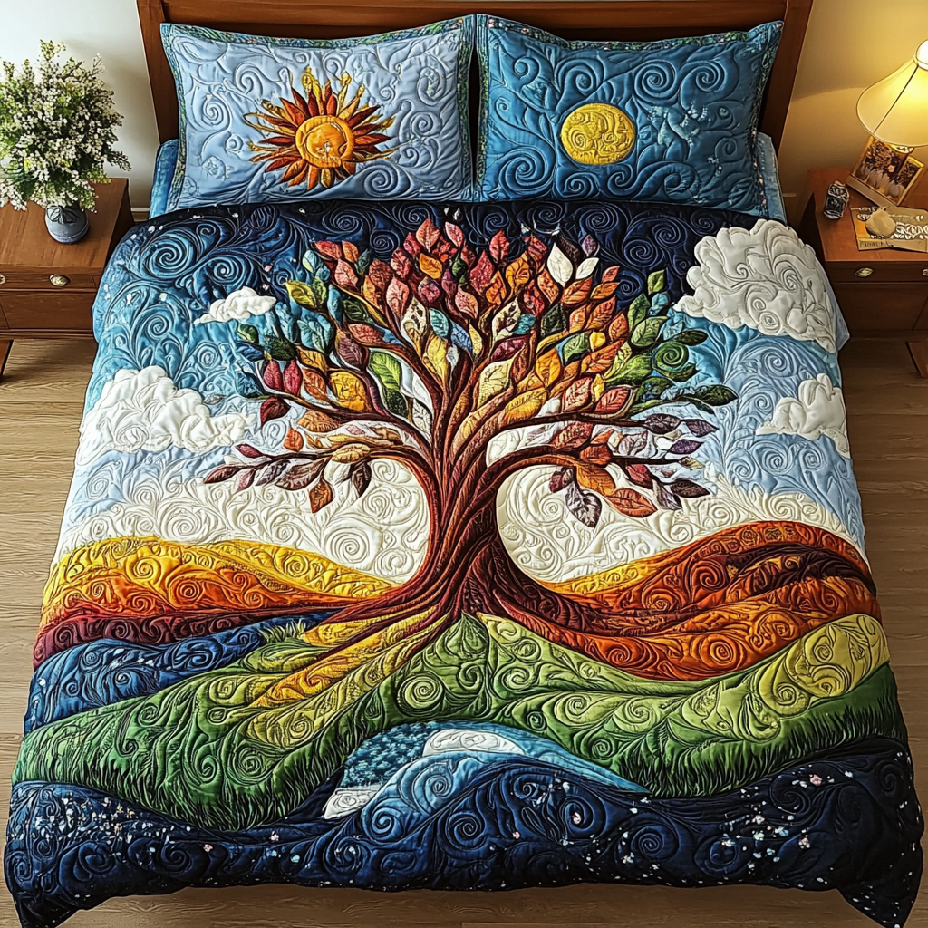 Vibrant Life Tree Quilted Bedding Set Exclusive Bedding Gift Set for Luxury Sleep