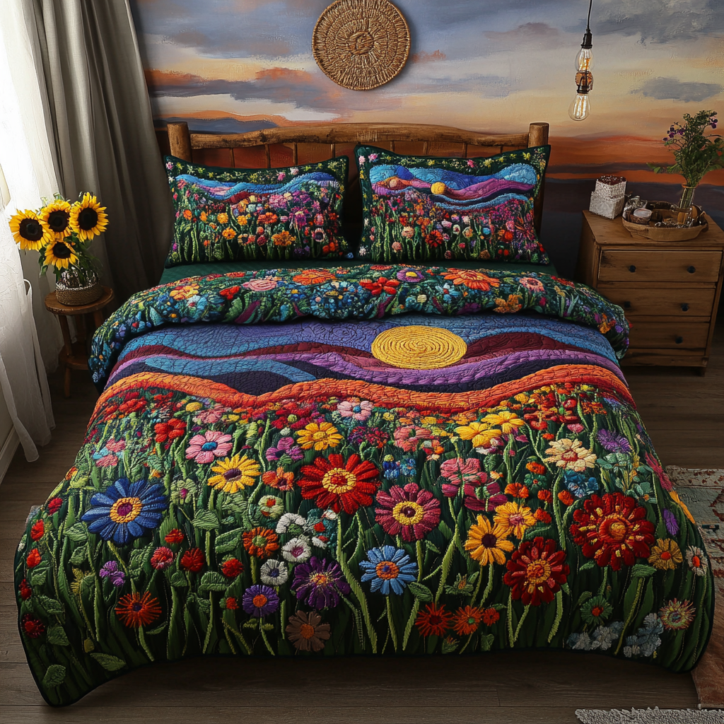 Vibrant Meadows Quilted Bedding Set King Size Bed Set Gifts For Father's Day From Daughter