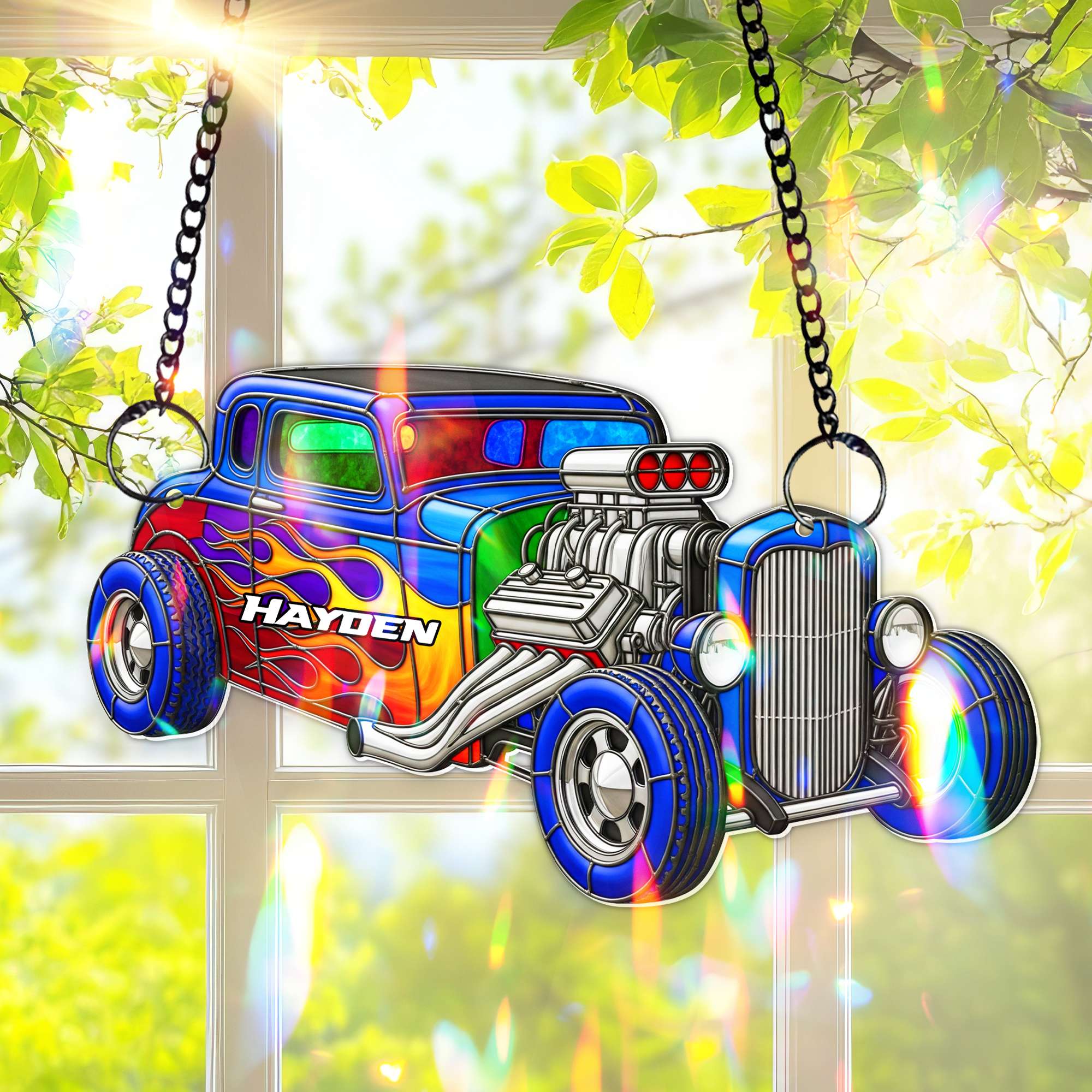 Vibrant Muscle Car Suncatcher - Personalized Christmas Gifts For Hot Rod Lovers - Holiday Tree Decoration Gift