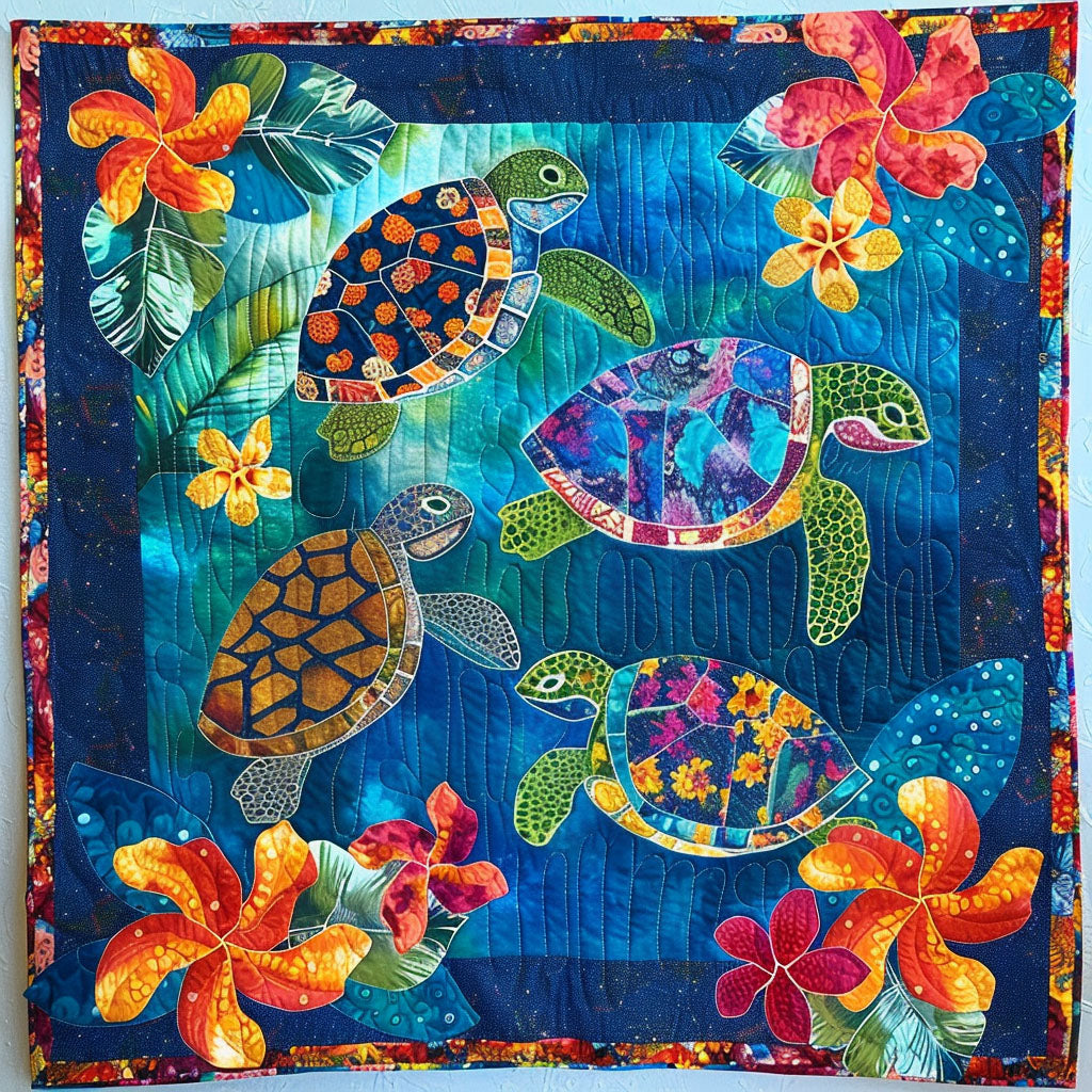 Vibrant Ocean Turtles Quilted Blanket Turtle Gifts For Adults
