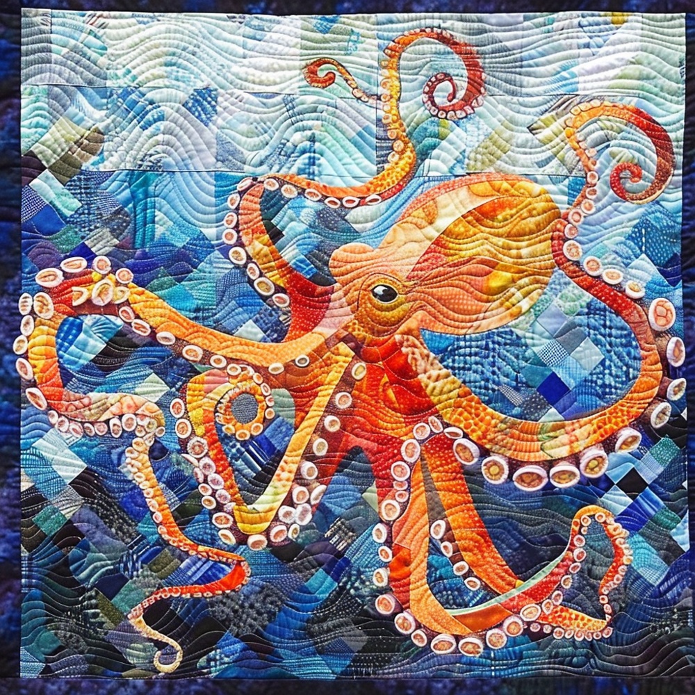 Vibrant Octopus Wave Quilted Blanket Ocean Creature Mosaic Throw Best Gift For Octopus Lover Sea Fan