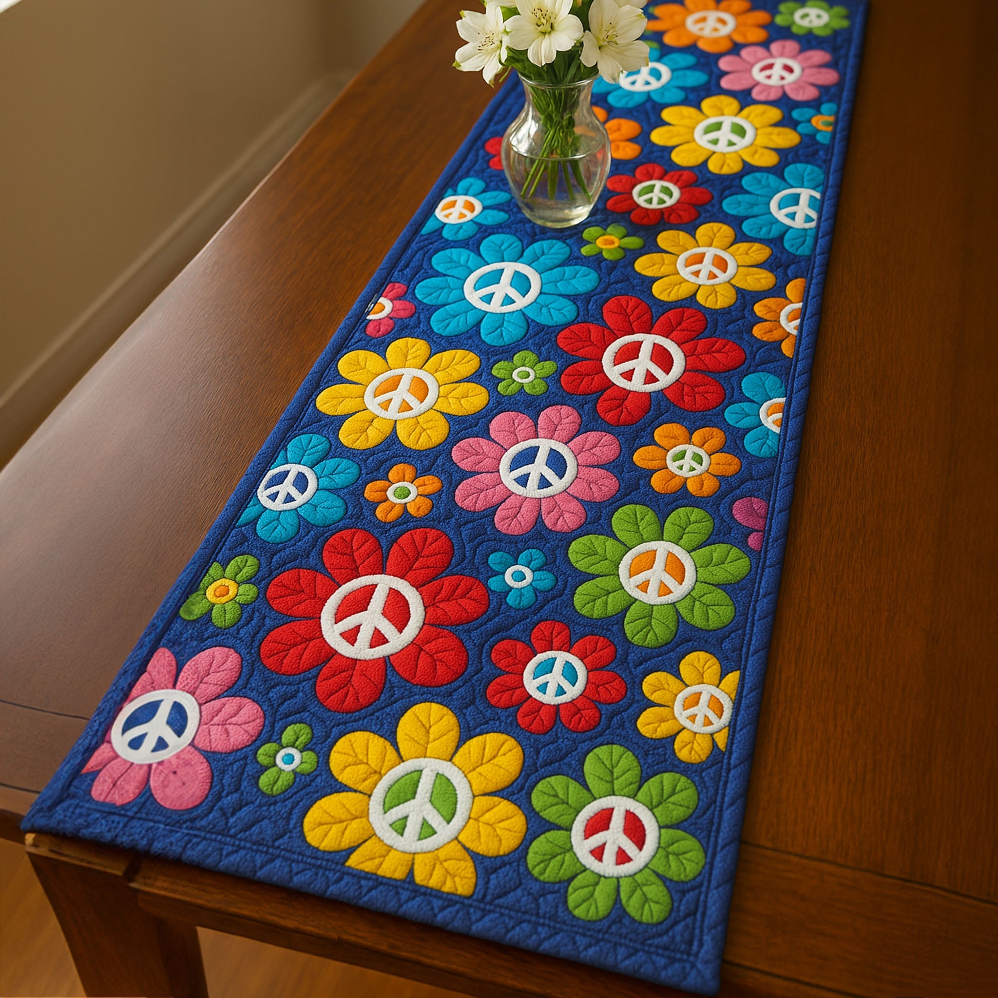 Vibrant Peace Quilted Table Runner Kitchen Table Decor Ideas Gifts For Hippie Friends