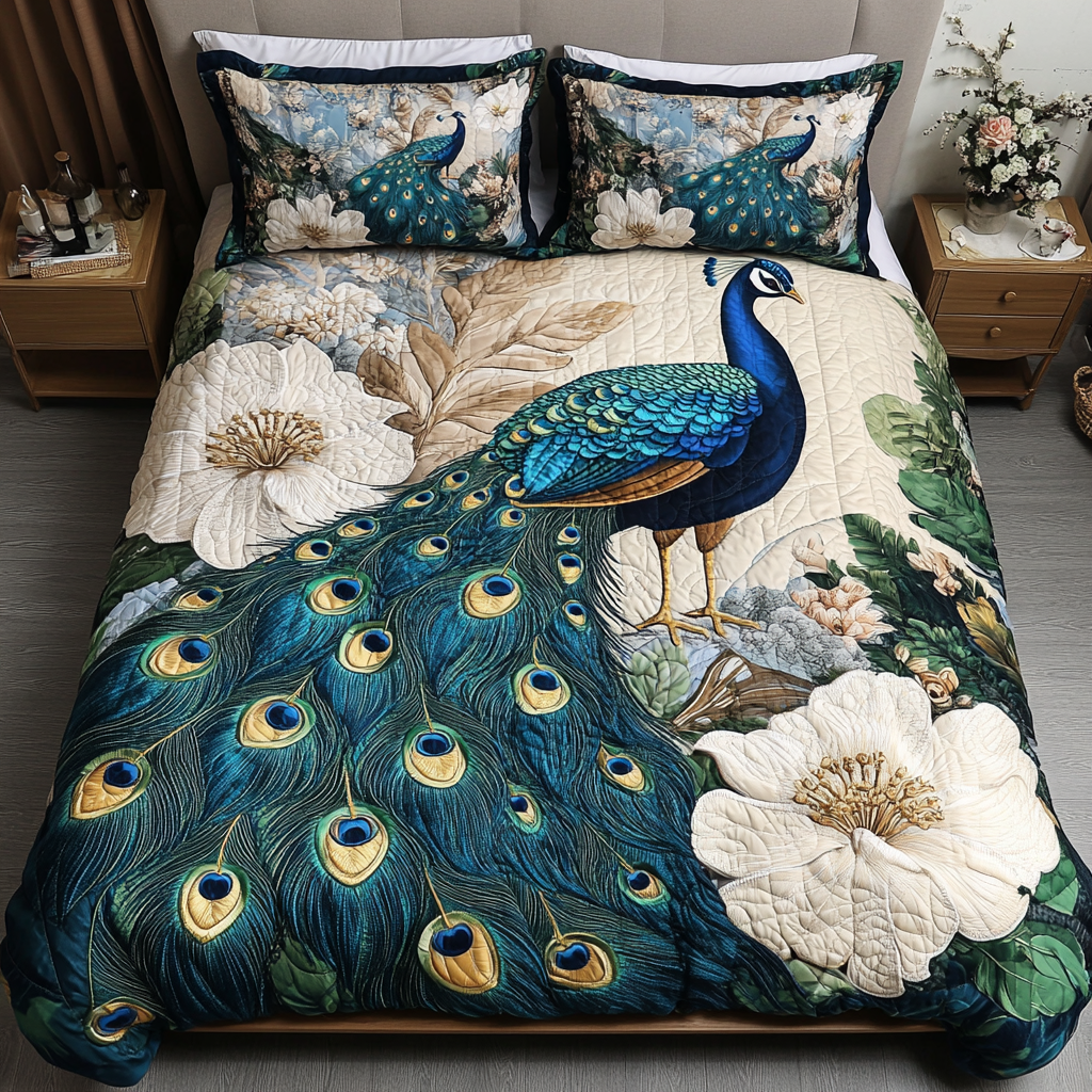 Vibrant Peacock Bliss Quilted Bedding Set Luxury Comforter Gift Set for Him or Her