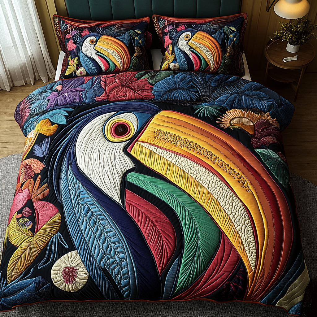 Vibrant Perch Quilted Bedding Set King Size Duvet Cover Father's Day Presents From Daughter