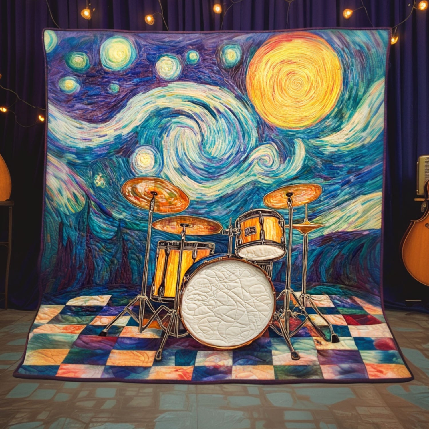 Vibrant Percussion Quilted Blanket Best Throw Blanket Secret Santa Gifts For Drummers