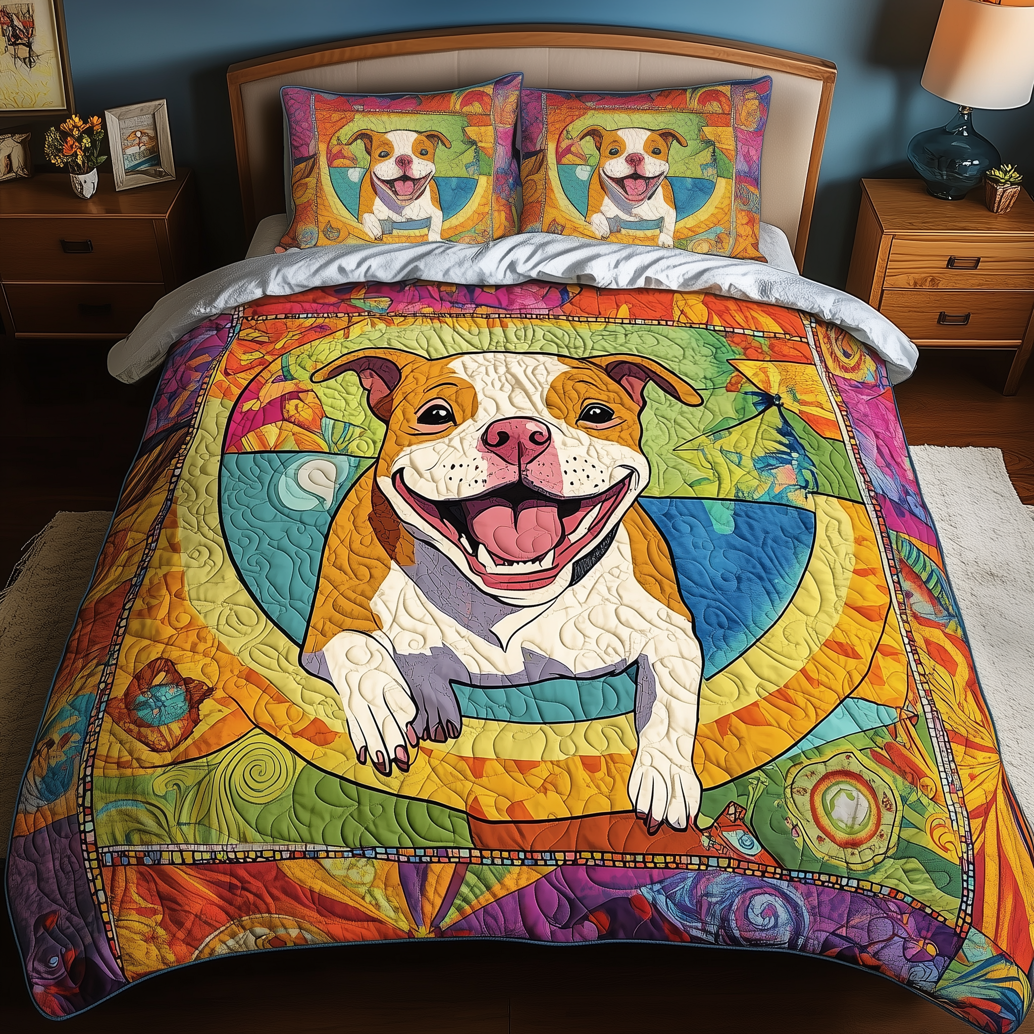 Vibrant Pitbull Dash Quilted Bedding Set Christmas Bedding Set Gift Experiences For Couples